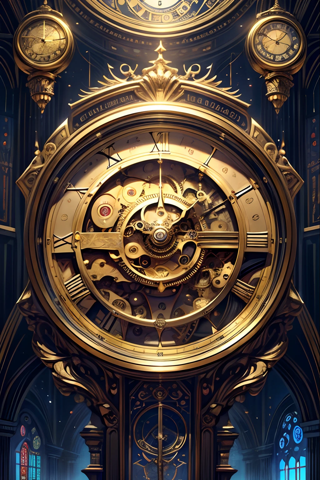 Masterpiece:1.2,A wide variety of clocks,Space-time tunnel,illustrated,Detailed clock design,Vintage clocks,Well-designed clock mechanism,meticulous craftsmanship,Stunning timepieces,Richly decorated faces,Gorgeous clock hands,Mechanical Wonder,Time travel aesthetics,Precision gears and springs,Intriguing clockwork sculptures,Mesmerizing ticking sounds,The mystery of engraving,Old world charm,Elegant pocket watches,Futuristic chronograph mechanism,Charming pendulum,Vibrant colors,Surreal art,Precision engineering,The illusion of time bending,A mysterious time vortex,Glamorous dial,Luminous Numbers,exquisite attention to detail,Glossy metallic finish,Dim lighting