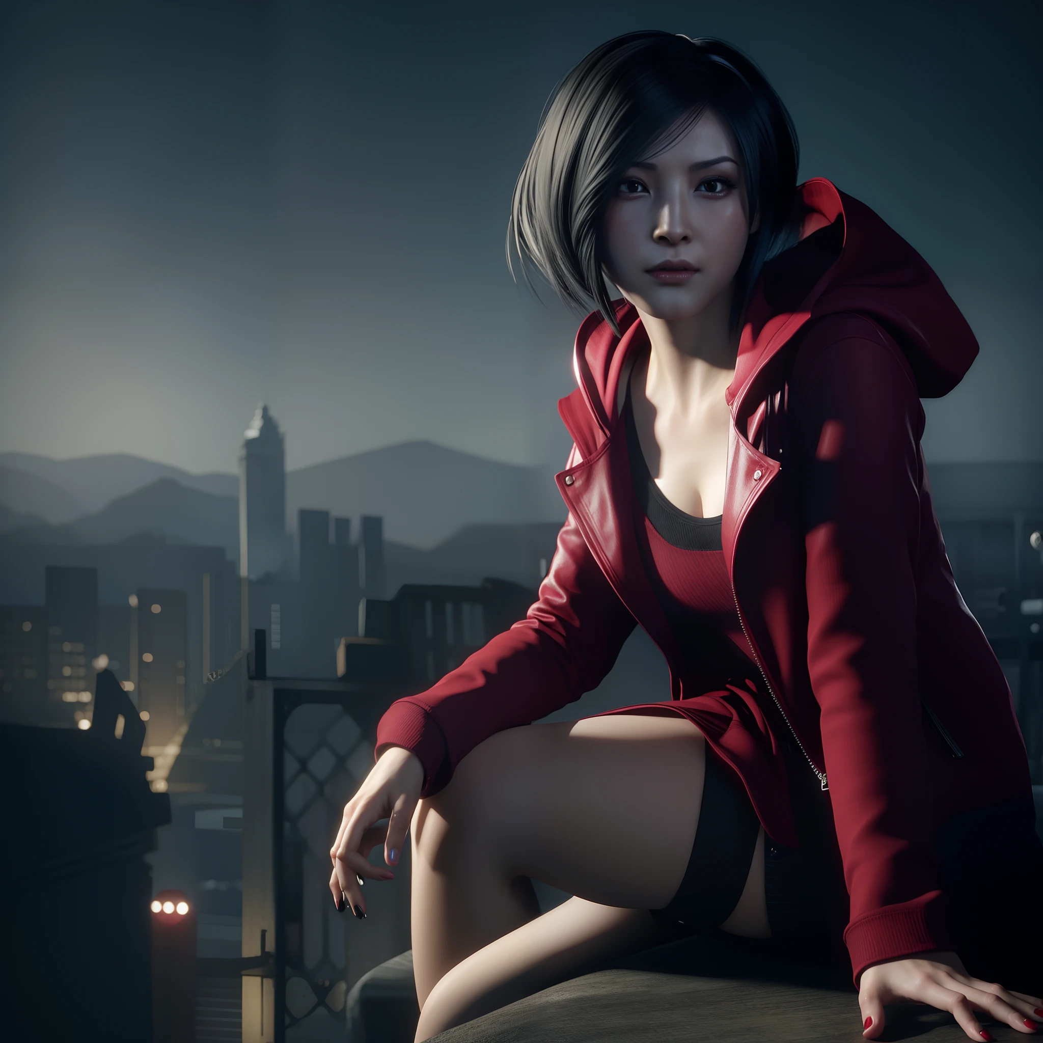 Ada wong, beautiful face, woman, bob hair, perfect Face, wearing mini red dress hoody, wearing hoody, black nail polish