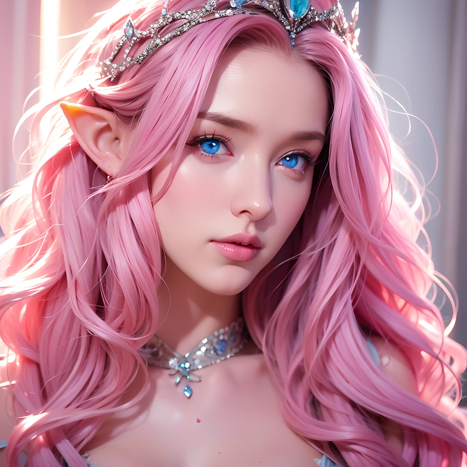 Woman, long curly hair, pink hair, blue eyes, elf, sexy, sensual, highlighted eyes, queen, crown,