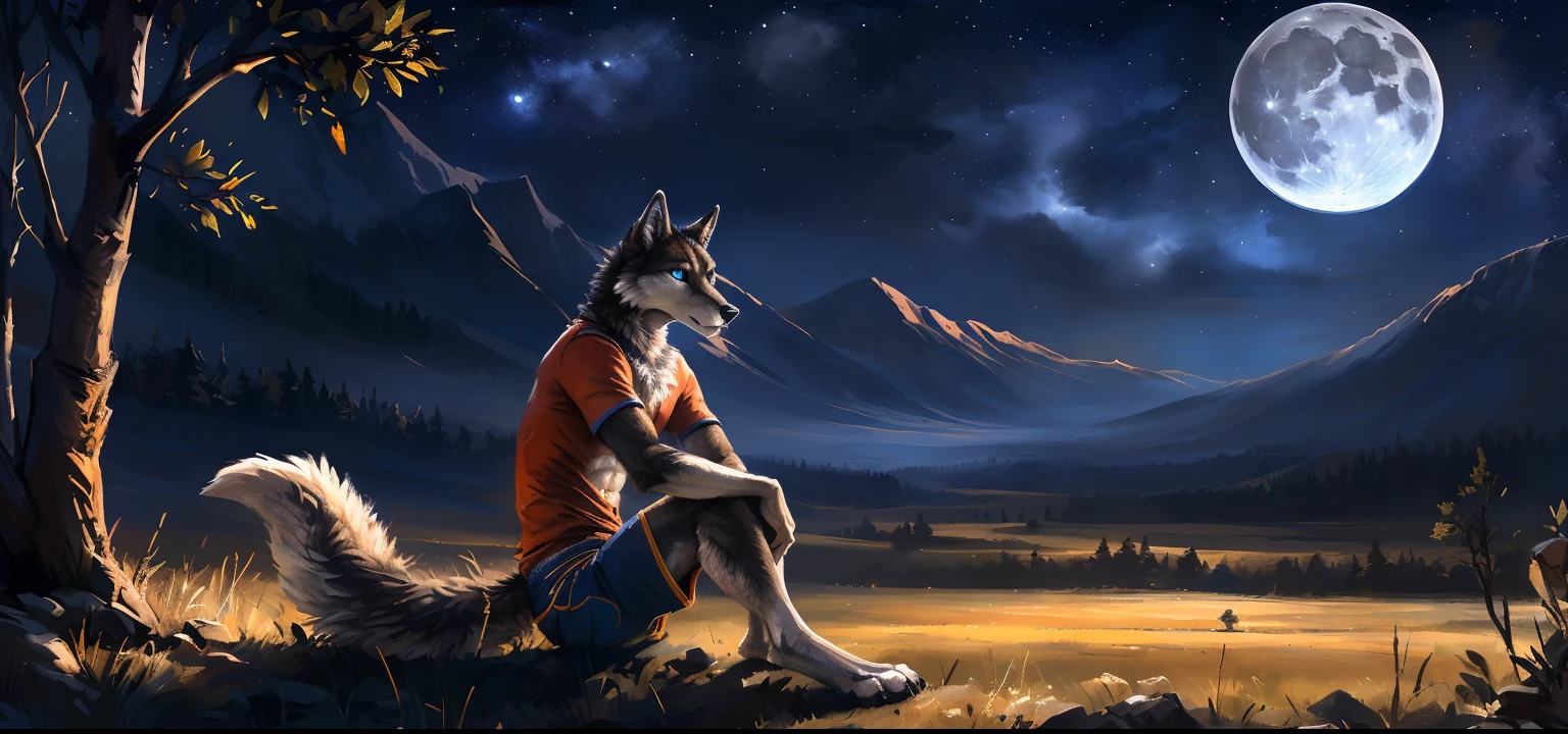 ((Solo)), male people, anthro wolf, (Multi-colored fur, White-brown:1.3, White tail pointed), (Height 2.3 meters,Tail length 1.2m), ((Wolf face, White hair, Big eyes, White eyelids, Blue pupil, Slim:1.2) (Tough, Calm expression:1.2)), Abs, Slim, pinging)), (Correct body anatomy), (Work shorts:1.1), The upper body is naked, (detailed outfits),A long big tail，Feet，Long legs，(Realistic fur, Detailed fur texture, labeled:1.3)), (Natural lighting), Photorealistic, Hyperrealistic, ultradetailed, by Kenket，the night，Sit alone，Endless grasslands，Look at the full moon，It was dark，Starry