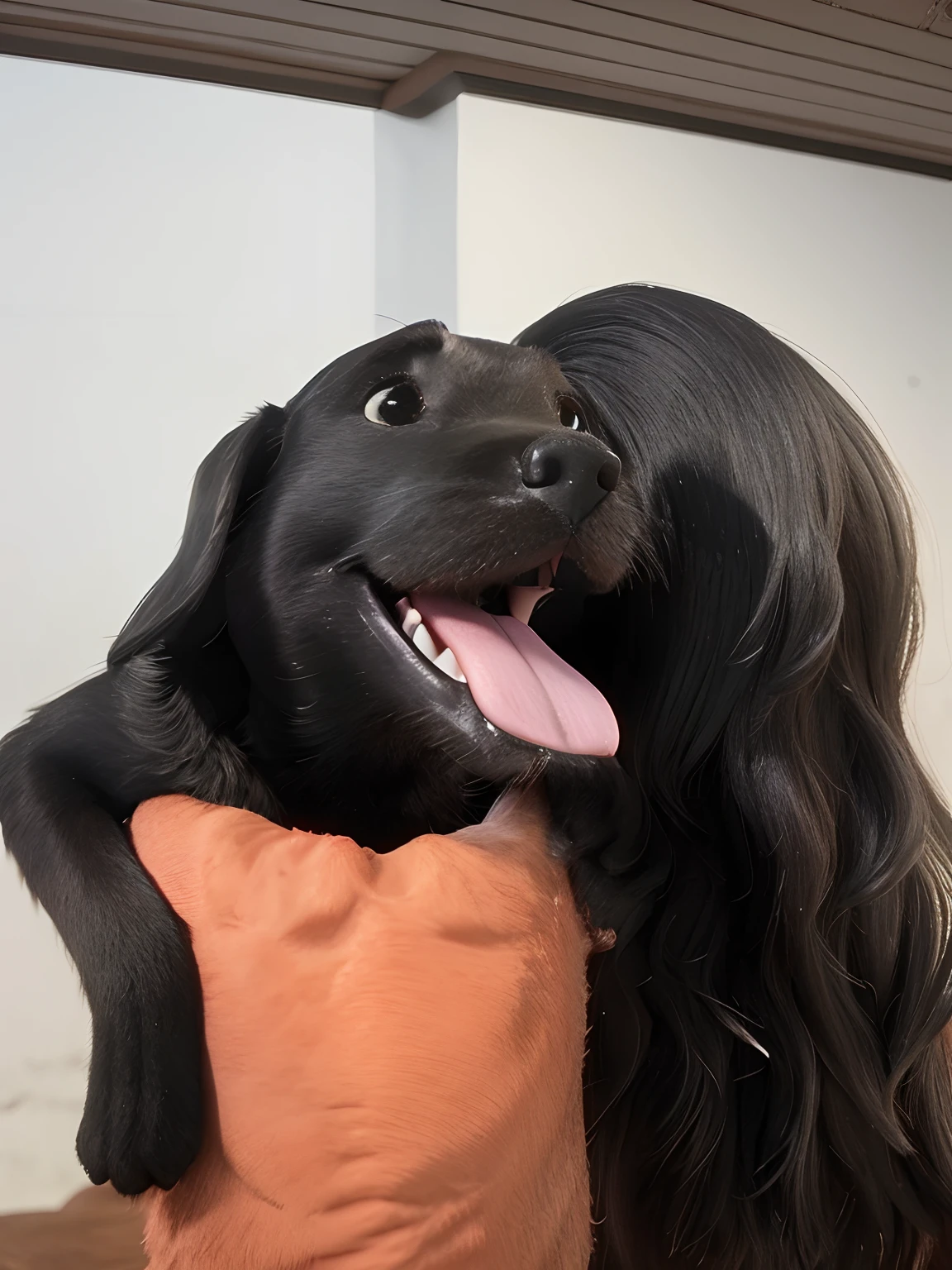 cachorro preto com a lingua para fora no colo de uma mulher que esta de costas, estilo pixar