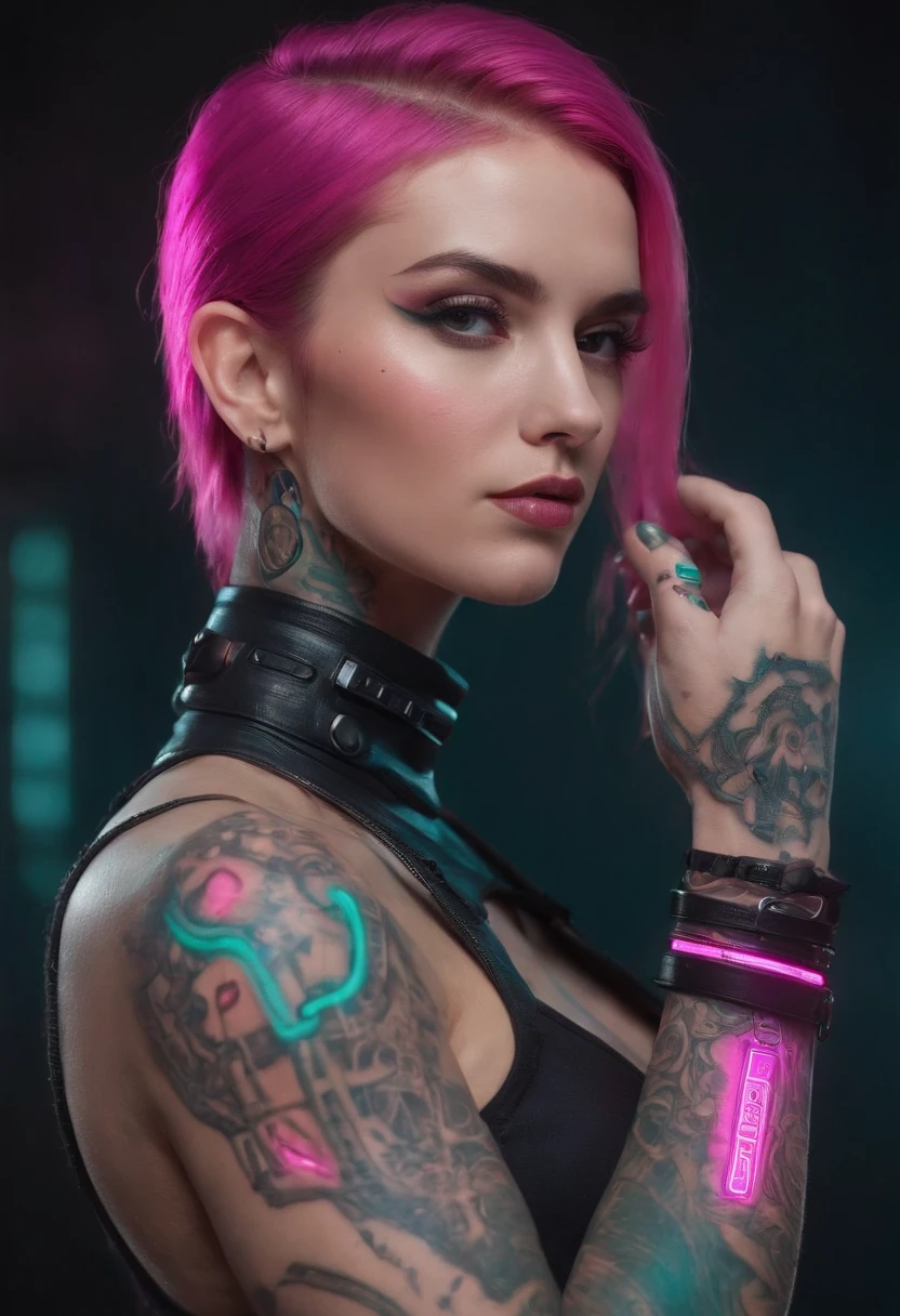 Designer de imagem "Cyberpunk & Realistic". Futuristic depiction of a perfectly tattooed woman with high-tech mechanical prosthetics. Embrace the cyberpunk aesthetic with neon lights and bright tattoos, maintaining the realistic portrayal of its features. "The lighting" Dynamic neon lighting with natural light sources to highlight cyberpunk tattoos and prosthetics, mantendo sombras e destaques realistas. "Camera positioning" Off-center and close-up camera positioning, Capturing dynamic pose to show off cyberpunk tattoos and high-tech prosthetics in detail. "Paleta de cores" Cyberpunk-inspired color palette with neon tones like electric pink, rosa fluorescente, e verde brilhante, complemented by realistic skin tones and metallic details for representation of advanced technology.