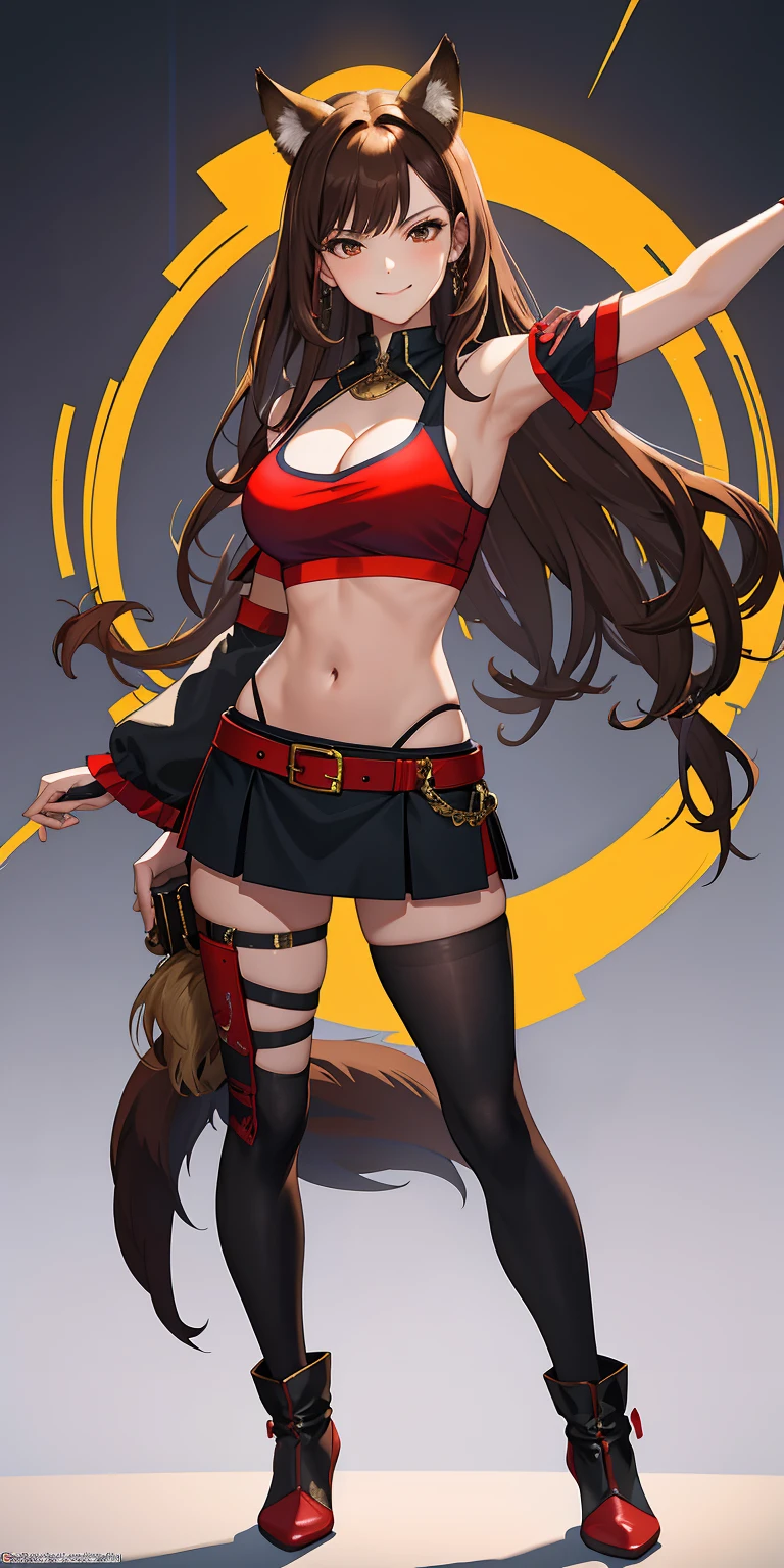 masterpiece, top quality, high resolution, solo, black and red crop top, cleavage, medium breasts, midriff, fox ears, crop top, micro skirt, sexy, brown hair, cowboy shot, full body, smirk