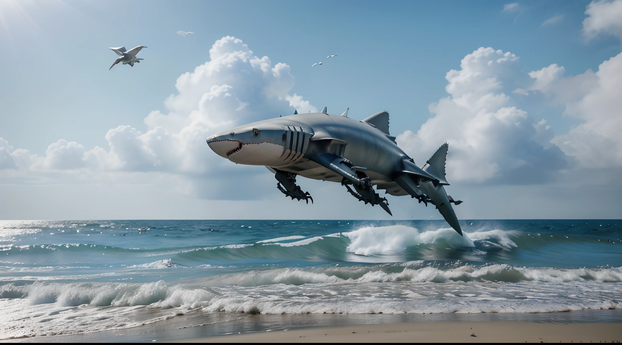 RAW, Masterpiece, Super Fine Photo, Ultra High Resolution, Photorealistic, Sunlight, giant metal shark sharp teeth exposed falls from the sky, sandy beach facing the ocean, pigeoncore, neo-dadaist, mechanized precision, in the style of mecha sci-fi anime, 8k, best quality, highres,Ultra-realistic 64K CG, Photorealista:1.4, Skin Texture:1.4, Volumetric fog, 8k uhd, dslr, high quality, film grain, fair skin, photorealism, lomography, translucent