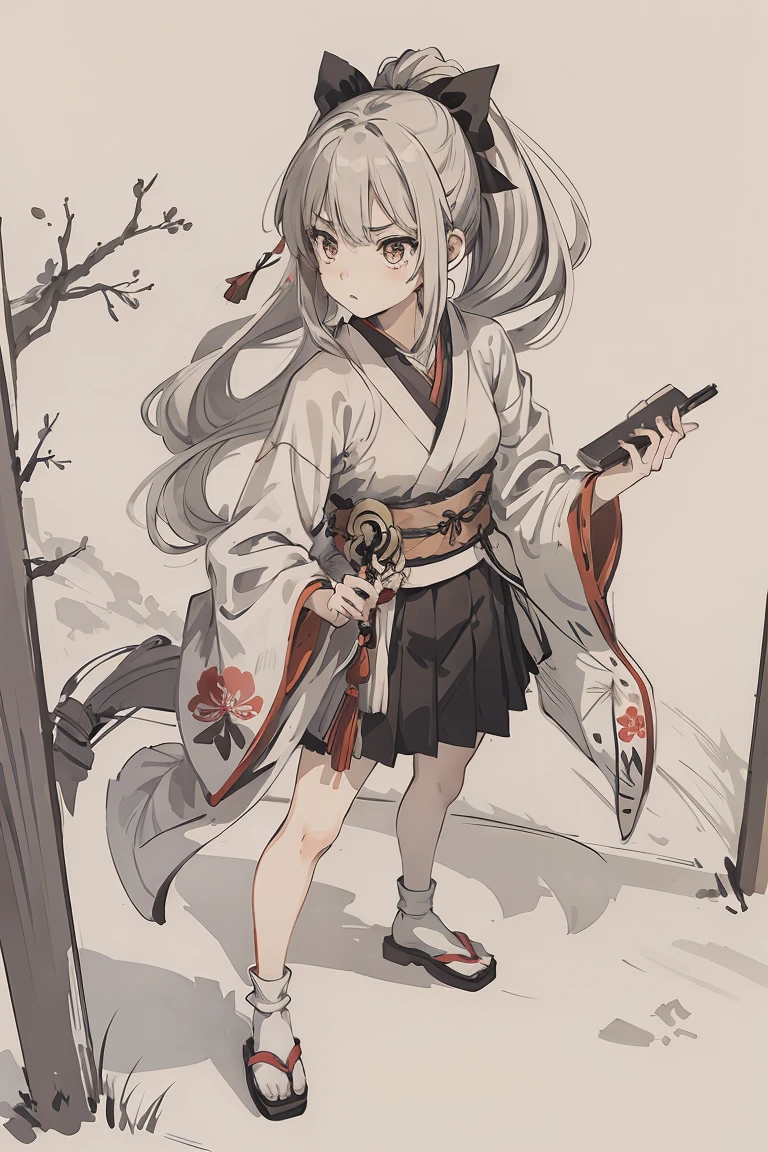 sparrow, a silver haired girl, wearing a samurai armor, black skirt, long hair, hair ribbon, slim body, teen, floral printed kimono, serious face, a japanese samurai. she is standing in the shrine