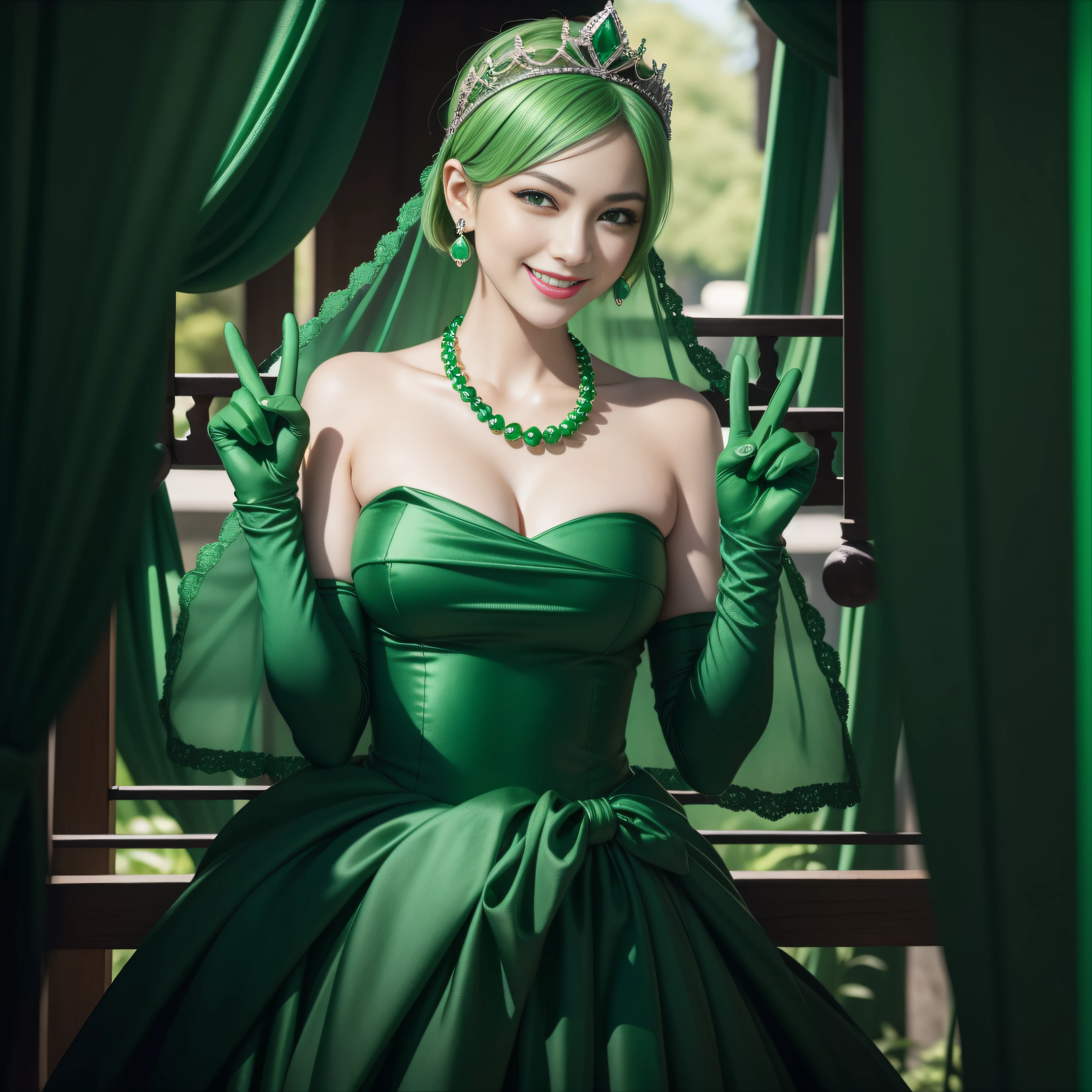 emerald tiara, Green Pearl Necklace, Boyish very short green hair, lipsticks, Japan woman smiling, very short short hair, big breasts beautiful, Green eyes, Long green gloves made of satin material, Green eyes, v sign, Double peace, Emerald Earrings