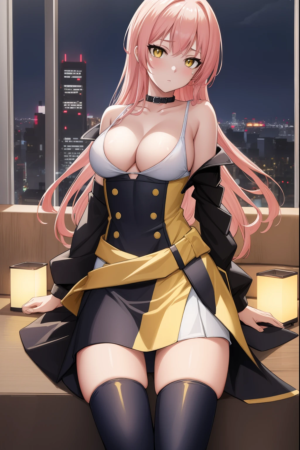 (Night:1.7), Cyberpunk_CityView, Before Window,in front of a wall with a clock,
sitting at attention,sitting on couch,
white shirt,yellow skirt,collarbone, cleavage, puffy_short_sleeves,thighhighs, White legwear, no_bra,
mika jougasaki, hair bow, long hair, pink hair, (yellow eyes:1.5),
1 girl, 20yo,young female,Beautiful Finger,Beautiful long legs,Beautiful body,Beautiful Nose,Beautiful character design, perfect eyes, perfect face,
looking at viewer, (innocent_big_eyes:1.0),(expressionless:1.3),
NSFW,official art,extremely detailed CG unity 8k wallpaper, perfect lighting,Colorful, Bright_Front_face_Lighting,
(masterpiece:1.0),(best_quality:1.0), ultra high res,4K,ultra-detailed,
photography, 8K, HDR, highres, absurdres:1.2, Kodak portra 400, film grain, blurry background, bokeh:1.2, lens flare, (vibrant_color:1.2)
(Beautiful,medium_Breasts:1.4), (beautiful_face:1.5),(narrow_waist),(perfect hands, perfect anatomy),