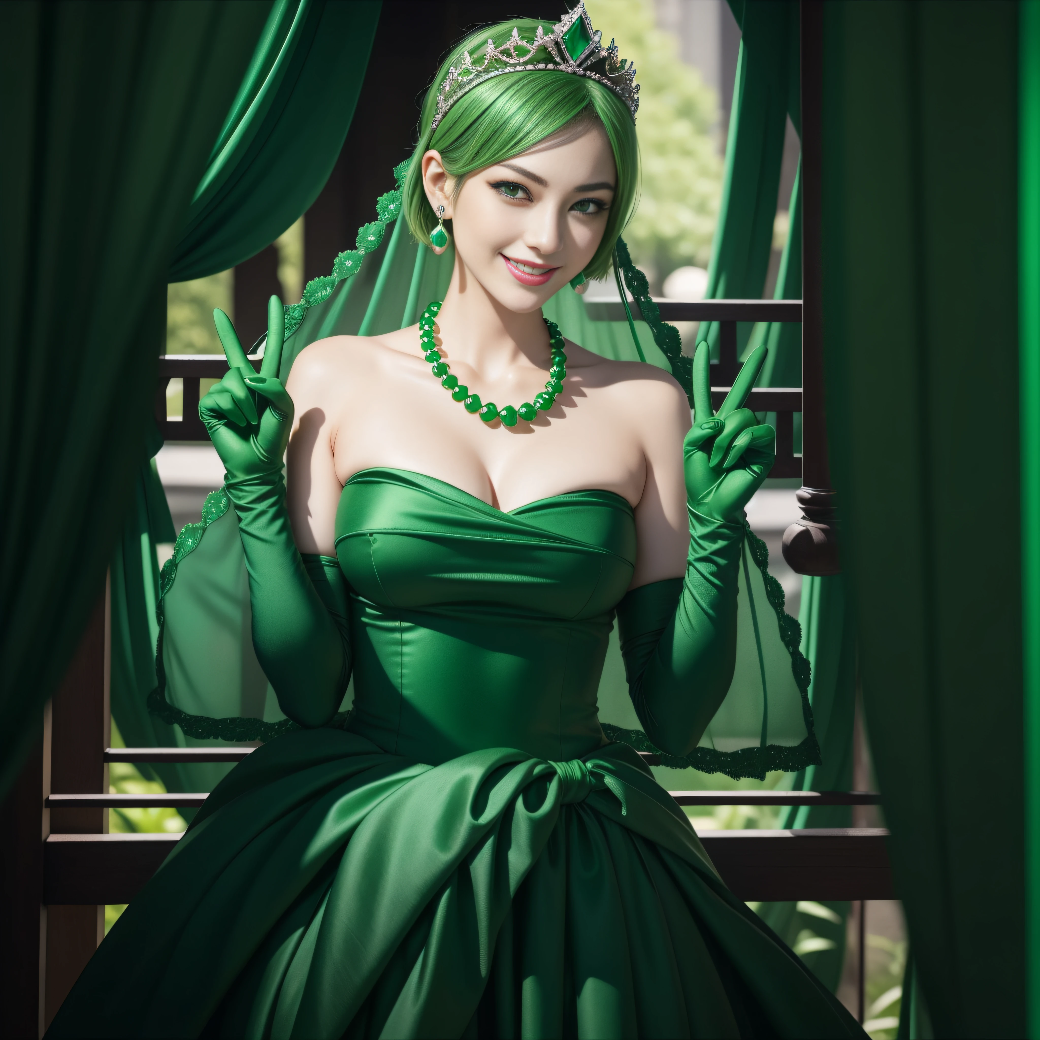 emerald tiara, Green Pearl Necklace, Boyish very short green hair, lipsticks, Japan woman smiling, very short short hair, big breasts beautiful, Green eyes, Long green gloves made of satin material, Green eyes, Emerald Earrings, green vale, v sign