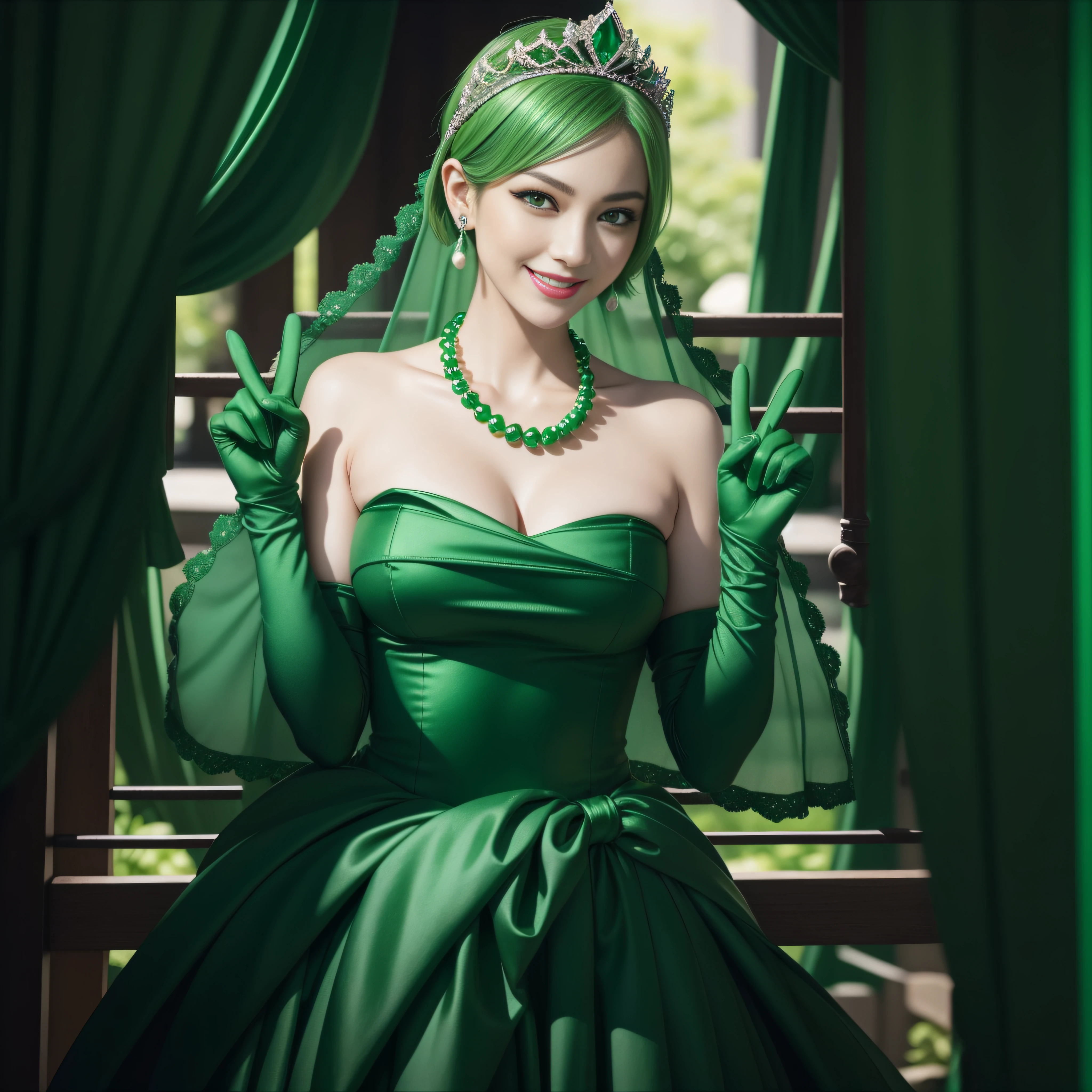 emerald tiara, Green Pearl Necklace, Boyish very short green hair, lipsticks, Japan woman smiling, very short short hair, big breasts beautiful, Green eyes, Long green gloves made of satin material, Green eyes, v sign, Double peace, Emerald Earrings