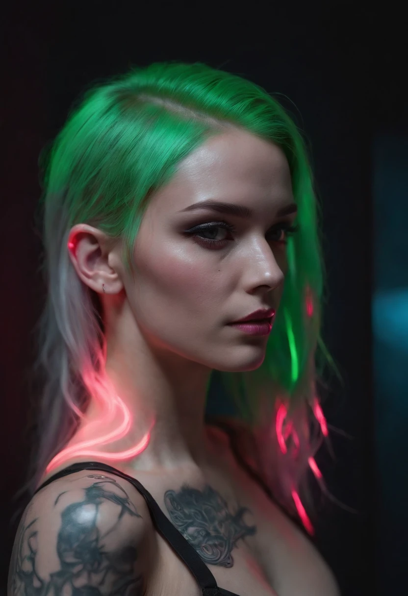 Mulher sensual cyberpunk neon segurando arma, long messy pink hair, futuristic head gear, DJ headphones with mic, black jacket with neon decals, hyper futuristic, metallic facial implants, freckles, shimmering skin, Designer de imagem "Cyberpunk & Realistic". Futuristic depiction of a perfectly tattooed woman with high-tech mechanical prosthetics. Embrace the cyberpunk aesthetic with neon lights and bright tattoos, maintaining the realistic portrayal of its features. "The lighting" Dynamic neon lighting with natural light sources to highlight cyberpunk tattoos and prosthetics, mantendo sombras e destaques realistas. "Camera positioning" Off-center and close-up camera positioning, Capturing dynamic pose to show off cyberpunk tattoos and high-tech prosthetics in detail. "Paleta de cores" Cyberpunk-inspired color palette with neon tones like electric pink, rosa fluorescente, e verde brilhante, complemented by realistic skin tones and metallic details for representation of advanced technology.