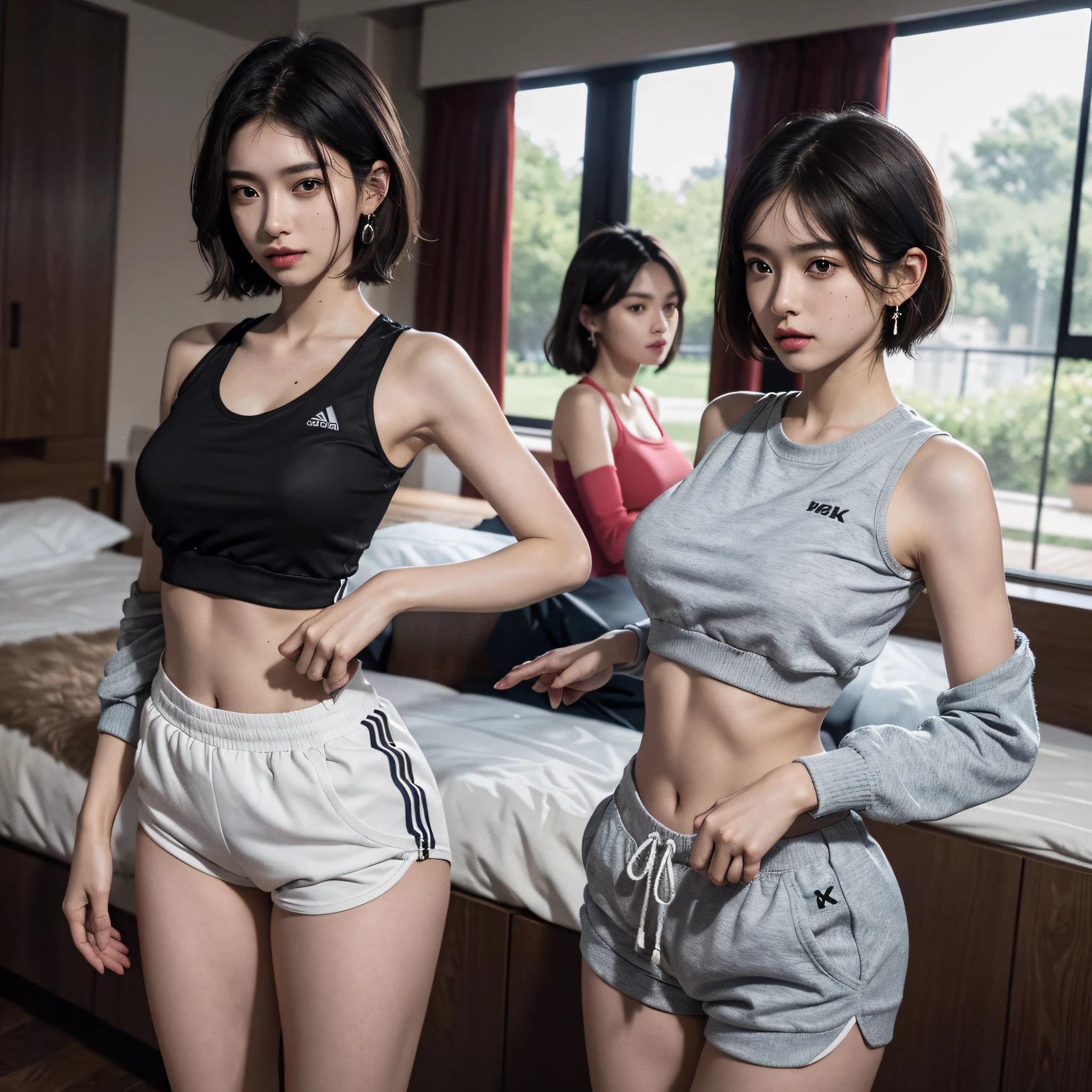 absurdres, RAW photo, extremely delicate and beautiful, masterpiece, Best Quality, ultra high resolution, 16k, hyperrealistic, ultra-detailed, perfect anatomy, super Detailed skin, perfect figure, Very detailed CG 8k wallpaper, in her 20s, very Slim body, narrow waist, very small head, very small face, delicate facial features, tearful mole, mole on chest, earring, thin legs, (very huge round breasts), (midriff), (sleeveless), (full body shot), (((3 girls))), short medium hair, ((track suit)), shorts, yuri,