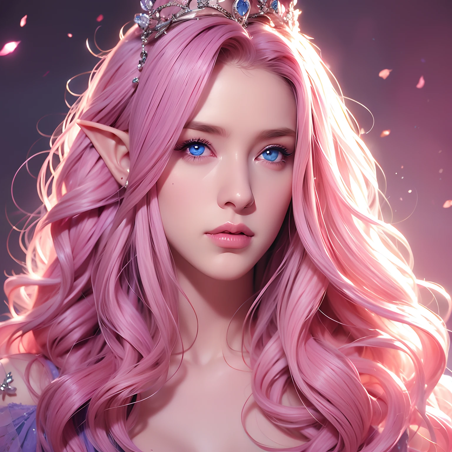 “Woman, long curly hair, pink hair, blue eyes, elf, sexy, sensual, highlighted eyes, Queen, crown,