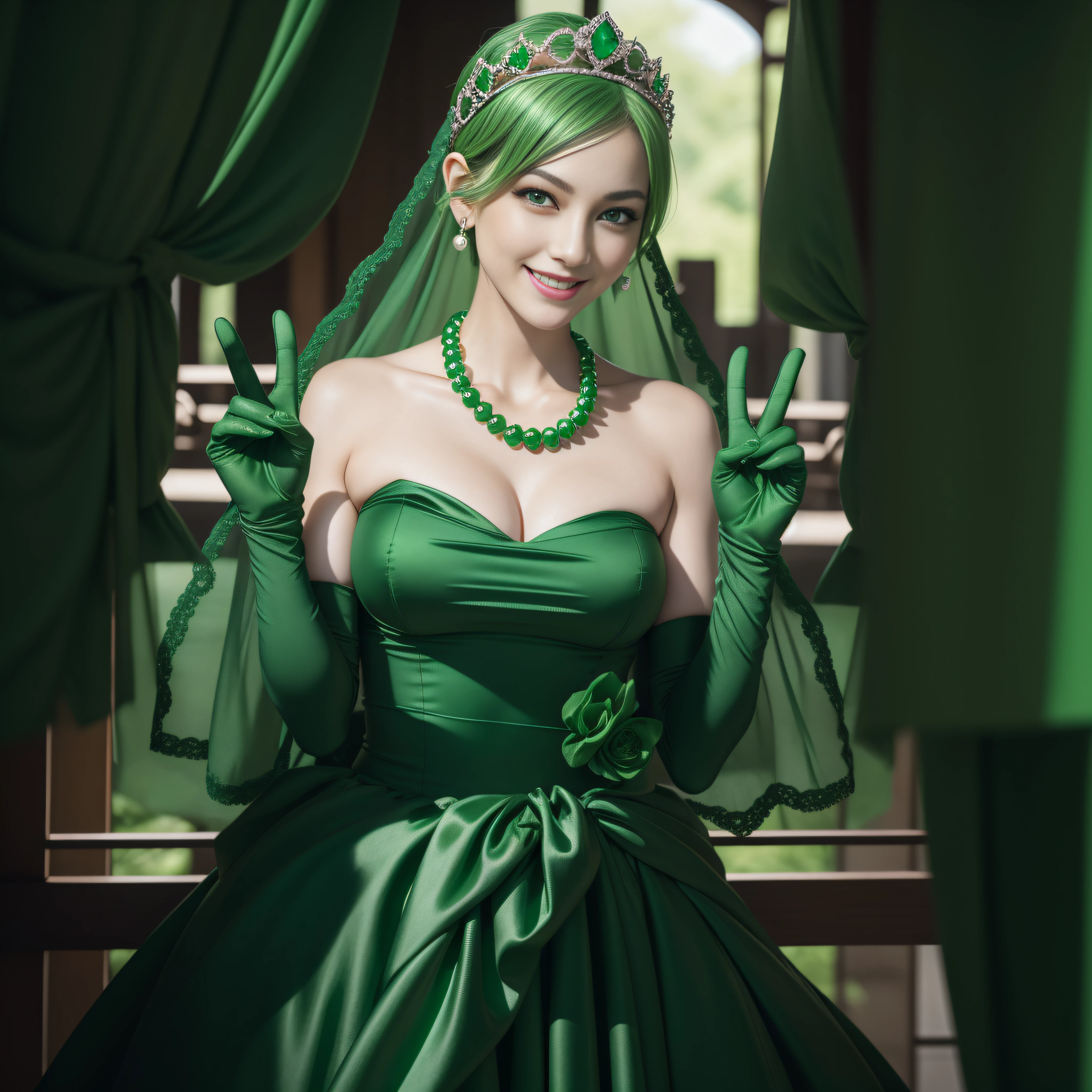 emerald tiara, Green Pearl Necklace, Boyish very short green hair, lipsticks, Japan woman smiling, very short short hair, big breasts beautiful, Green eyes, Long green gloves made of satin material, Green eyes, Emerald Earrings, green vale, v sign