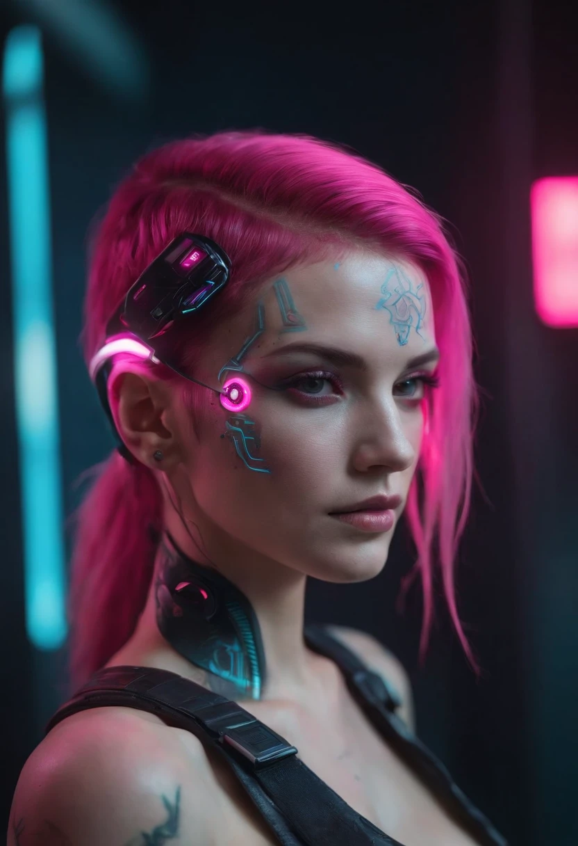 Mulher sensual cyberpunk neon segurando arma, Front facing portrait, long messy pink hair, futuristic head gear, DJ headphones with mic, black jacket with neon decals, hyper futuristic, metallic facial implants, freckles, shimmering skin, Designer de imagem "Cyberpunk & Realistic". Futuristic depiction of a perfectly tattooed woman with high-tech mechanical prosthetics. Embrace the cyberpunk aesthetic with neon lights and bright tattoos, maintaining the realistic portrayal of its features. "The lighting" Dynamic neon lighting with natural light sources to highlight cyberpunk tattoos and prosthetics, mantendo sombras e destaques realistas. "Camera positioning" Off-center and close-up camera positioning, Capturing dynamic pose to show off cyberpunk tattoos and high-tech prosthetics in detail. "Paleta de cores" Cyberpunk-inspired color palette with neon tones like electric pink, rosa fluorescente, e verde brilhante, complemented by realistic skin tones and metallic details for representation of advanced technology.
