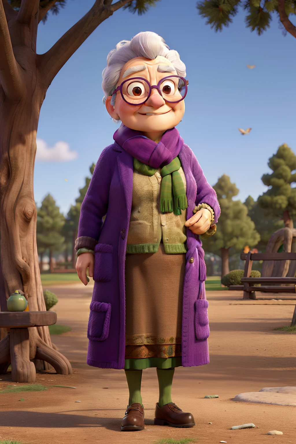 masterpiece, best quality, an old woman with glasses and a scarf on, wearing a purple coat and green scarf, standing at the park