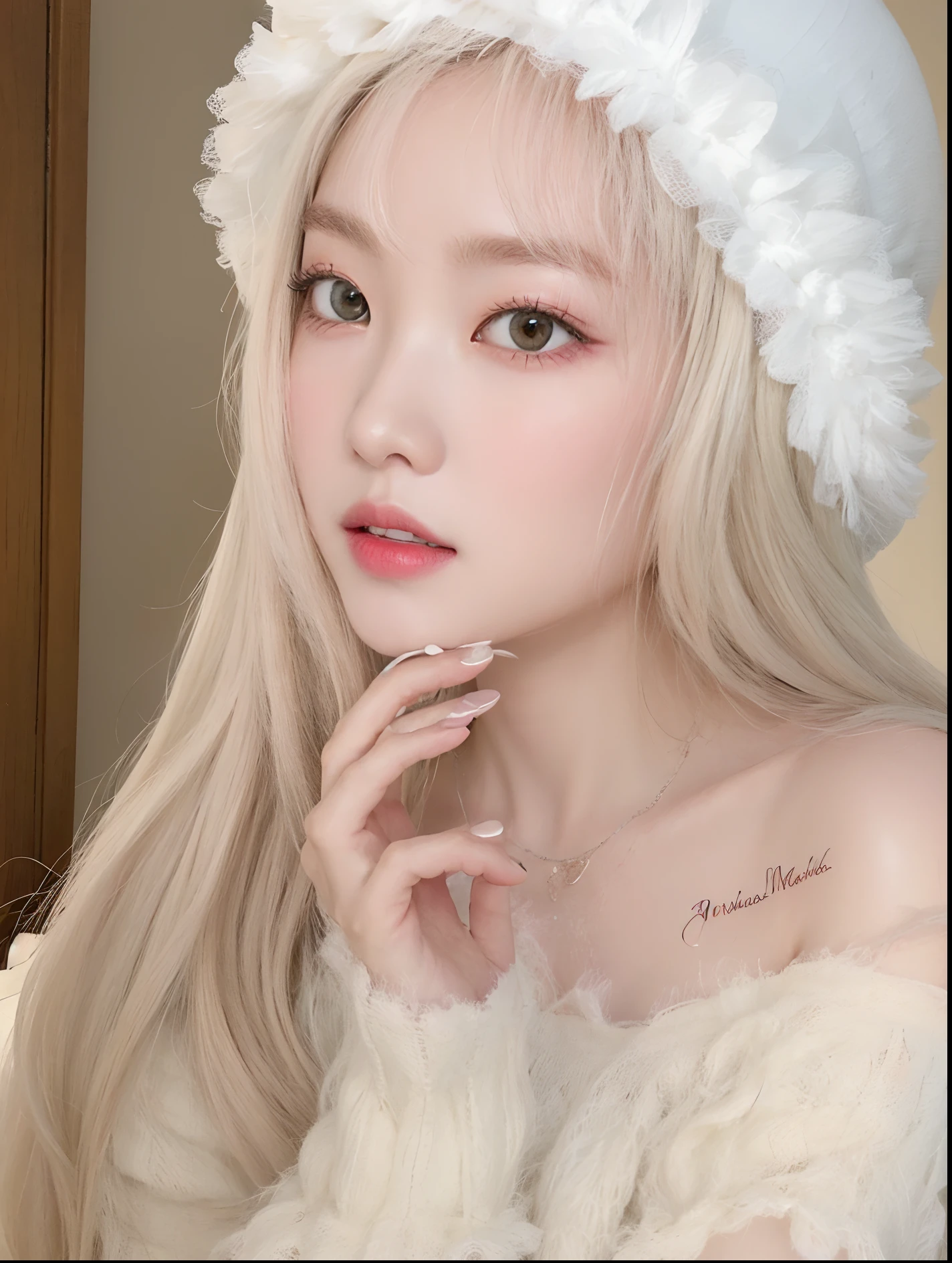 A closeup of a woman with long hair wearing a white hat, Ulzzang, com cabelos longos brancos, Lalisa Manobal, longos cabelos loiros e olhos grandes, wan adorable korean face, com longos cabelos brancos, longos cabelos brancos e franja, branco hime corte penteado, Lalisa Manoban do Blackpink, Parque Roseanne do Blackpink