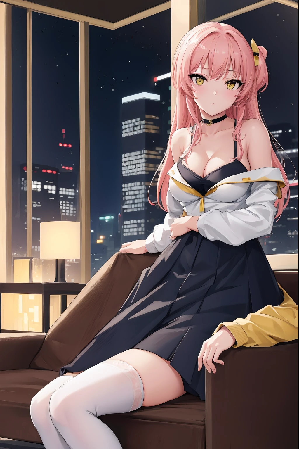 (Night:1.7), Cyberpunk_CityView, Before Window,in front of a wall with a clock,
sitting at attention,sitting on couch,
white shirt,yellow skirt,collarbone, cleavage, puffy_short_sleeves,thighhighs, White legwear, no_bra,
mika jougasaki, hair bow, long hair, pink hair, (yellow eyes:1.5),
1 girl, 20yo,young female,Beautiful Finger,Beautiful long legs,Beautiful body,Beautiful Nose,Beautiful character design, perfect eyes, perfect face,
looking at viewer, (innocent_big_eyes:1.0),(expressionless:1.3),
NSFW,official art,extremely detailed CG unity 8k wallpaper, perfect lighting,Colorful, Bright_Front_face_Lighting,
(masterpiece:1.0),(best_quality:1.0), ultra high res,4K,ultra-detailed,
photography, 8K, HDR, highres, absurdres:1.2, Kodak portra 400, film grain, blurry background, bokeh:1.2, lens flare, (vibrant_color:1.2)
(Beautiful,medium_Breasts:1.4), (beautiful_face:1.5),(narrow_waist),(perfect hands, perfect anatomy),