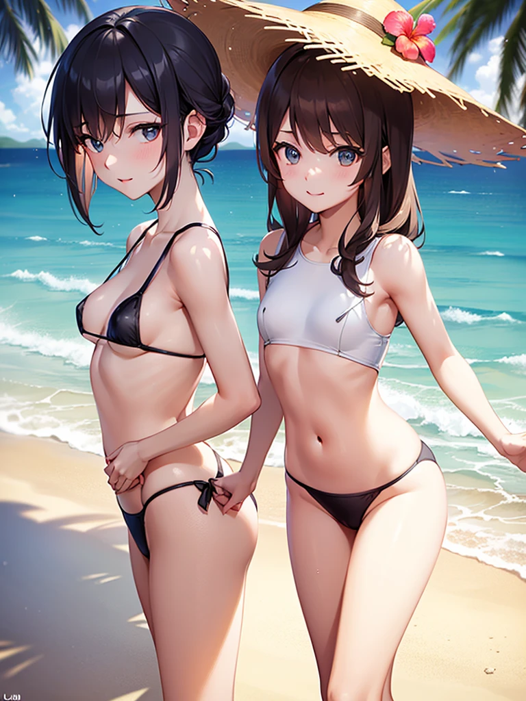 ((maximum quality)), ((Masterpiece)), (Ultra-detail:1.4),(32k images),(Ultra-high detail),Best Anime,Sharpness,The best wallpapers,nature light,Wind manipulation:0.9,smile,(Perfect anatomy without destruction),(Beautiful eyes with detailed and detailed details,Lustrous eyes),(Glossy々Hairstyle:1.4),(Detailed and detailed beauty々Woman in a swimsuit),(Adult women in their early 20s),((small tits:1.6)),pin-up girl,Slim body,slim belly,Camel toe,Footboard beauty,appearance々Pose,Tropical beaches:1.5,waves,Flying splashes,sun