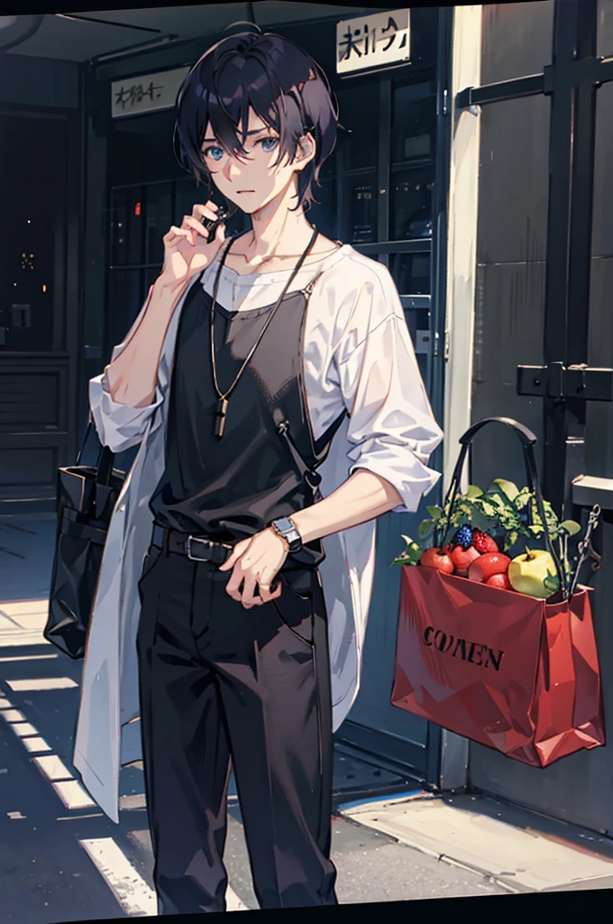 1boy, apple, bag, bangs, berry, black hair, black shirt, blue eyes, hair between eyes, jewelry, leaf, looking at viewer, male focus, necklace, pants, shirt, solo, watch, white pants, wristwatch, messy hair, trending on artstation, 8k resolution, highly detailed, anatomically correct, sharp image, digital painting, concept art, trending on pixiv, style of makoto shinkai,