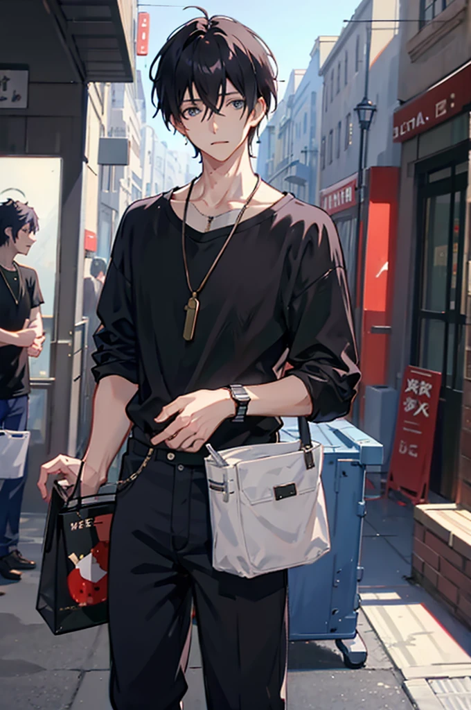 1boy, apple, bag, bangs, berry, black hair, black shirt, blue eyes, hair between eyes, jewelry, leaf, looking at viewer, male focus, necklace, pants, shirt, solo, watch, white pants, wristwatch, messy hair, trending on artstation, 8k resolution, highly detailed, anatomically correct, sharp image, digital painting, concept art, trending on pixiv, style of makoto shinkai,