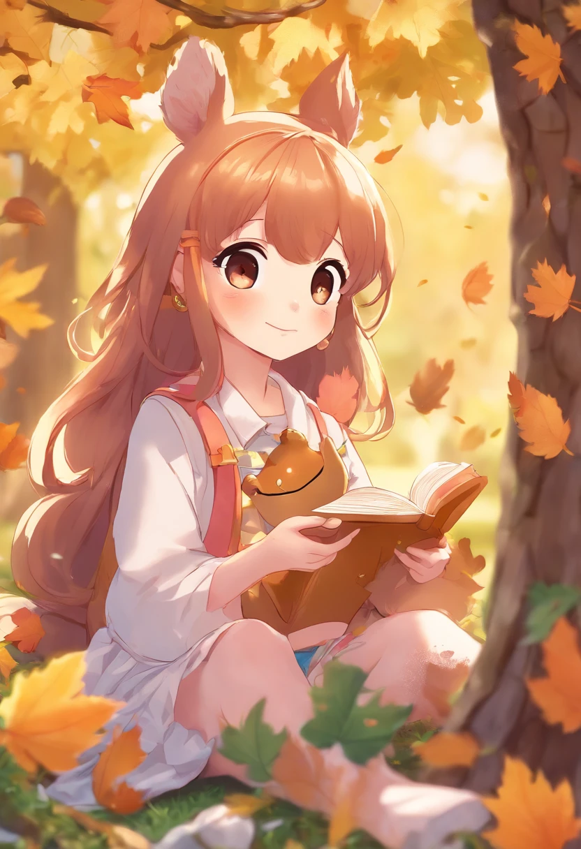 (8K, 16 K, awardwinning, of the highest quality, High resolution, super detailed, Textured skin, Anatomically correct, Photorealistic, Raw photo, masutepiece: 1.3), (1 girl), (Girl dozing off sitting on the ground under a big tree: 1.3), Aerial view from above, holding a pen, There are acorns on top of the book, (Squirrel stealing acorns: 1.2), Trees with autumn leaves々, idyllic scenery, Soothing, Autumn, leaves falling, Leaning against a tree、Hand details、finger detailed、A detailed face
