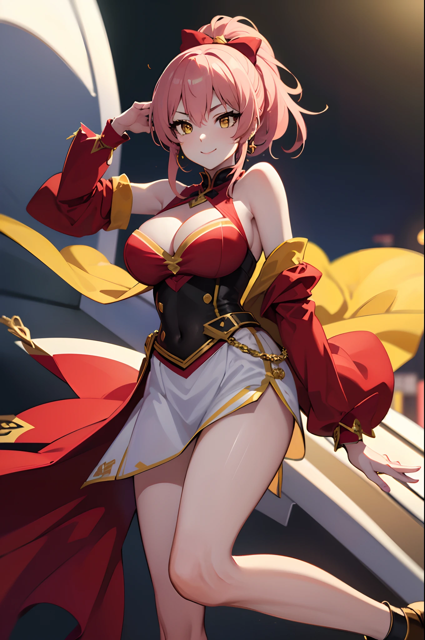 (masterpiece, best quality:1.2),1girl,mature female,pale skin,huge breasts:1.49,mikajougasaki, mika jougasaki, hair bow, long hair, pink hair, (yellow eyes:1.5), ponytail,(red dress with a red cape:1.2), eye details,teasing smile, clean detailed anime art,high resolution, (perfect hands, perfect anatomy),