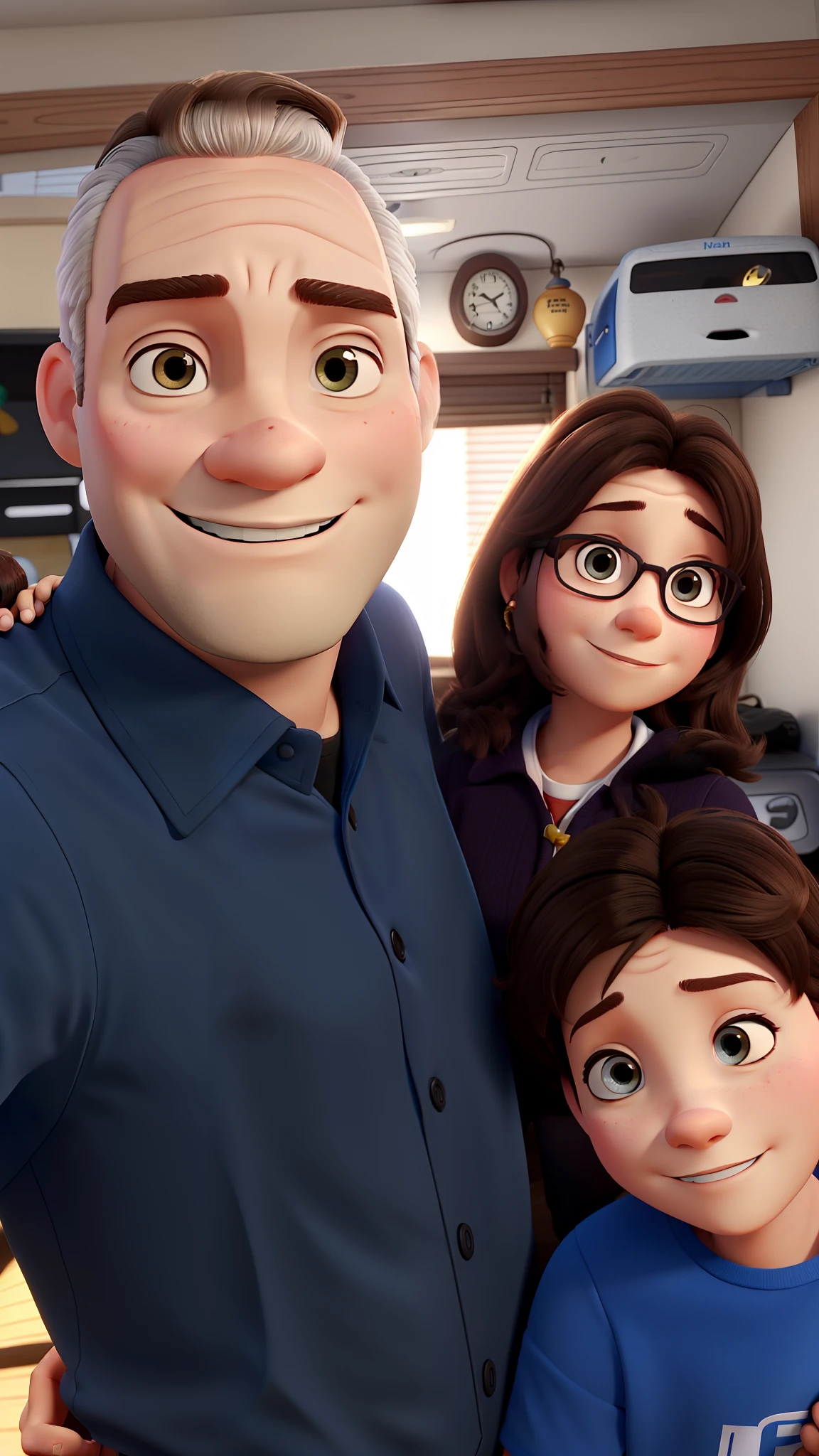 Father and mother with son boy pixar style, alta qualidade, melhor qualidade, brunette person,short hair boy