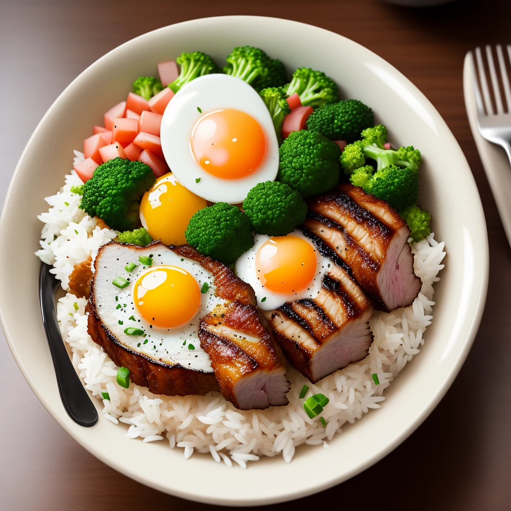 Dog eating, animation, high quality, high resolution, rice bowl, fried egg, braised pork, diced radish, beans, rice, broccoli