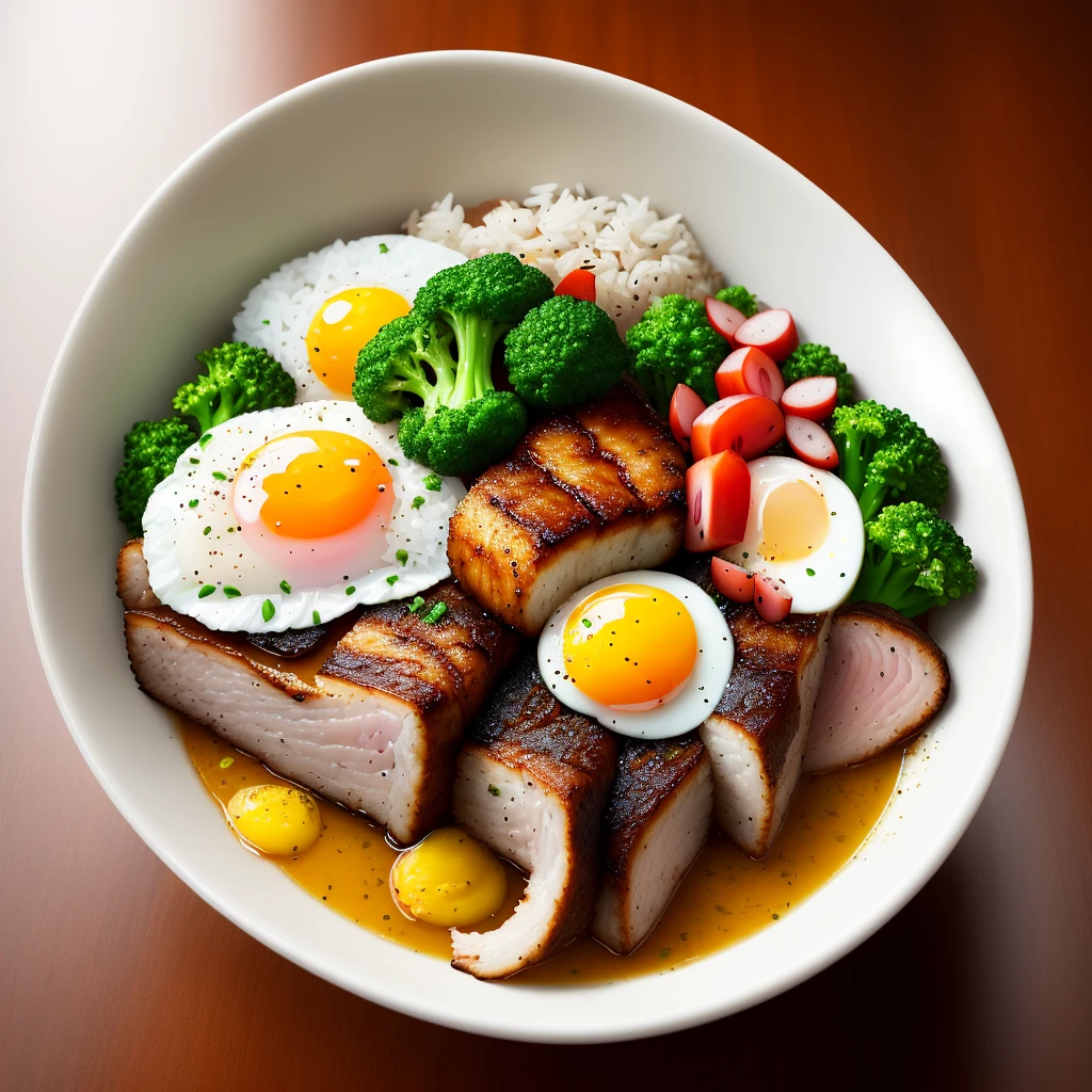Dog eating, animation, high quality, high resolution, rice bowl, fried egg, braised pork, diced radish, beans, rice, broccoli