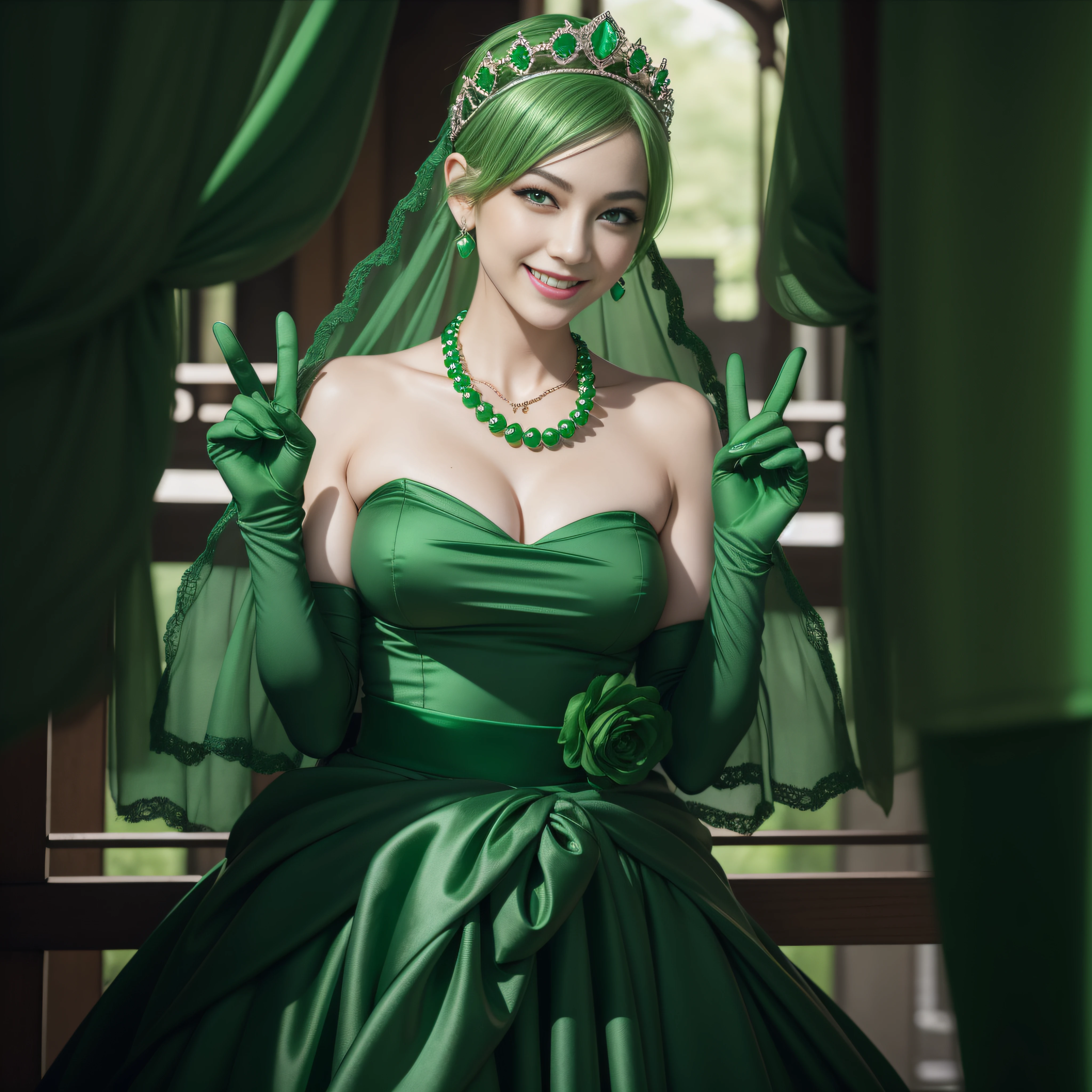 emerald tiara, Green Pearl Necklace, Boyish very short green hair, lipsticks, Japan woman smiling, very short short hair, big breasts beautiful, Green eyes, Long green gloves made of satin material, Green eyes, v sign,V-sign with both hands, Emerald Earrings