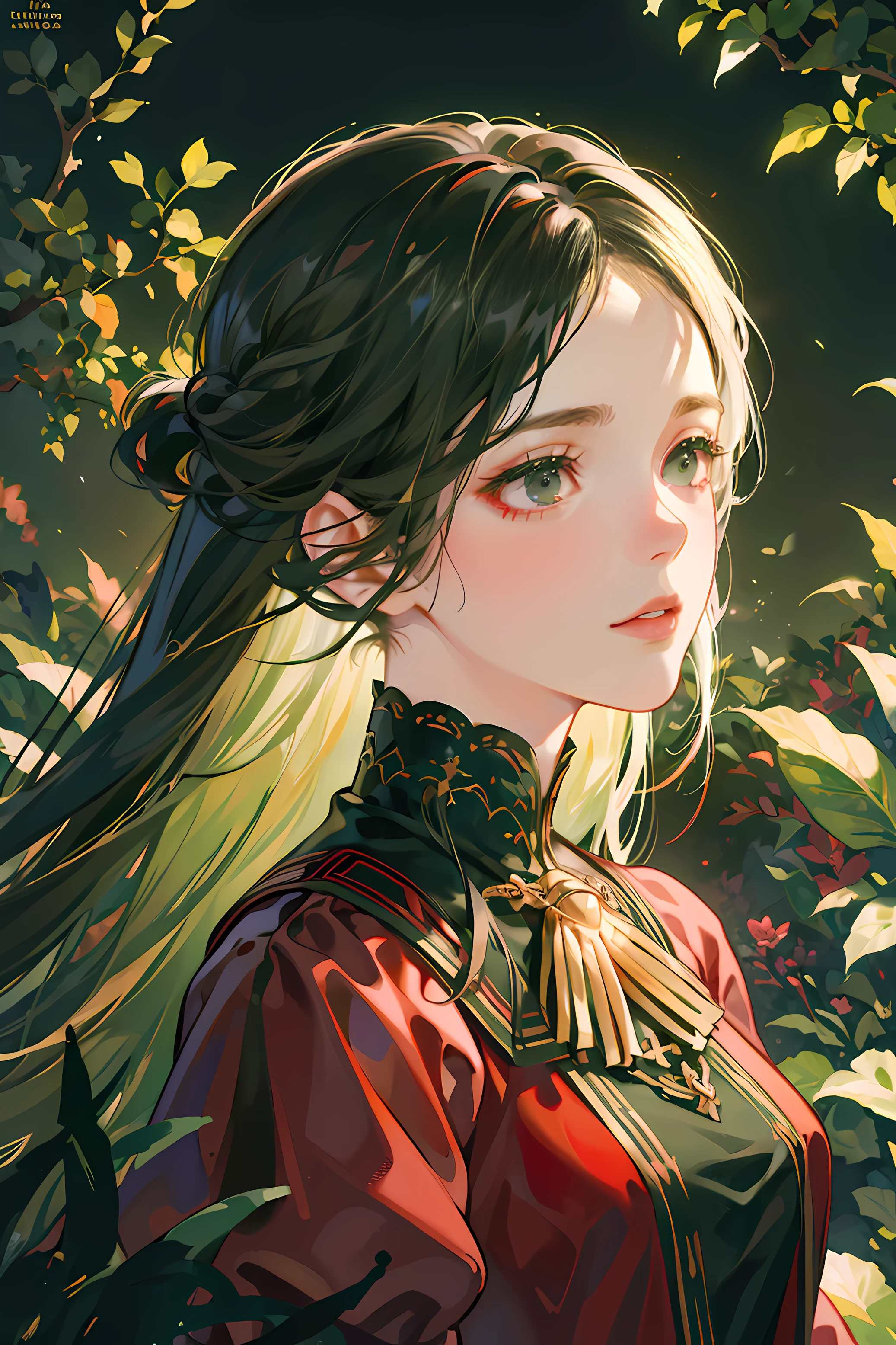 (best quality,highres),(realistic:1.37),(vivid colors:1.1),(HDR:1.1),(portrait),(green dark straight hair),(black eyes),(red dress),(fantasy clothing),detailed facial features,dreamy garden background,soft lighting