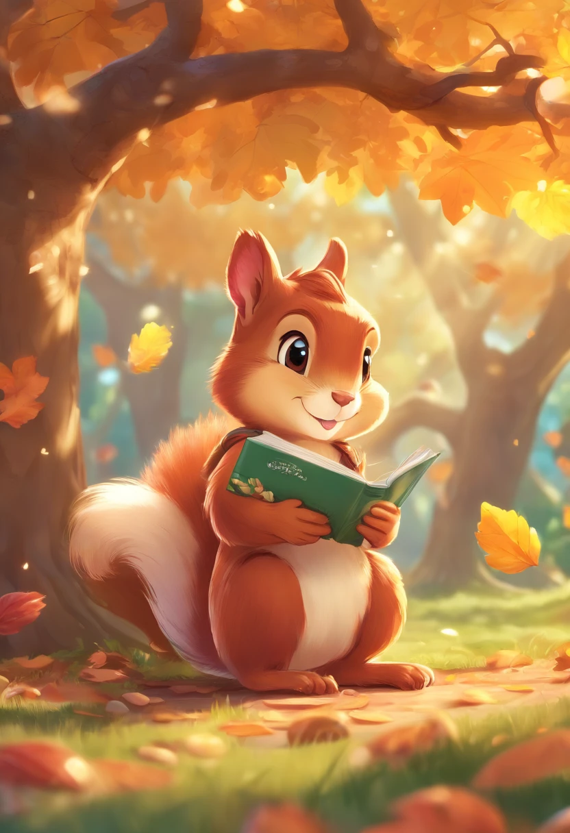 (8K, 16 K, awardwinning, of the highest quality, High resolution, super detailed, Textured skin, Anatomically correct, Photorealistic, Raw photo, masutepiece: 1.3), (1 girl), (Girl dozing off sitting on the ground under a big tree: 1.3), Aerial view from above, open book, There are acorns on top of the book, (Squirrel stealing acorns: 1.2), Trees with autumn leaves々, idyllic scenery, Soothing, Autumn, leaves falling, Leaning against a tree、Hand details、finger detailed、A detailed face