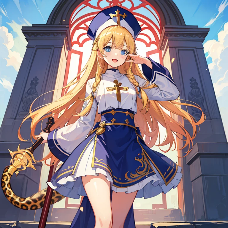 hentai anime style, 2D, anime girl, Best Quality, masterpiece, (1 girl has a tail:1.3),(tail : leopard), blonde hair, long hair, blue eyes, holding Sacred Staff BREAK (white priest clothes:1.2), tall hats BREAK blue skirt, standing, open mouth, smile, salute, scenery, look at viewer