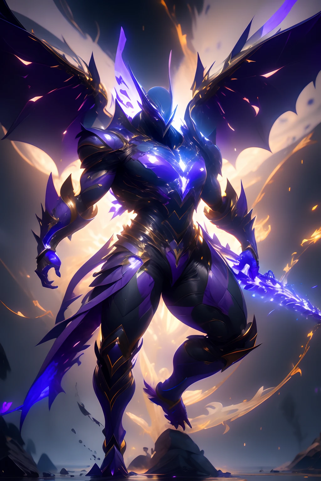 ​masterpiece、top-quality、1boy、Full body like、Pteranodon-inspired armor suit、Dinosaur wings grow on the back、in fighting、Punching Pose、Purple Armor Suit、、glowing yellow eyes、Holding a purple spear of thunder、Purple Energy、Purple Spark、Male 2、wears a suit、Dark, Rainy city