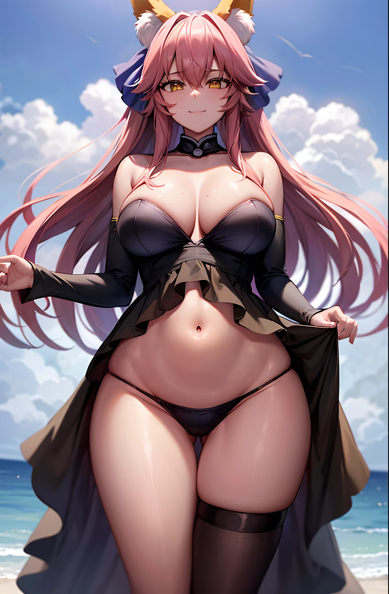 tamamo, tamamo, animal ear fluff, animal ears, fox ears, fox girl, fox tail, hair ribbon, pink hair, tail, (yellow eyes:1.5), BREAK purple_clothes, ninja_clothes,navel, BREAK outdoors, beach, BREAK looking at viewer, BREAK (masterpiece:1.2), best quality, high resolution, unity 8k wallpaper, (illustration:0.8), (beautiful detailed eyes:1.6), extremely detailed face, perfect lighting, extremely detailed CG,ecchi anime style, seductive anime girl.teasing smile, clean detailed anime art,high resolution, (perfect hands, perfect anatomy),