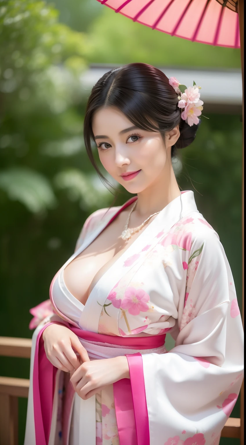 Marian Rivera wearing a kimono and holding an umbrella, in a kimono, in a kimono, 30 years old, huge-breasted:1.5, Make your erect, Big ass, Tall body, Open your clothes, Open Shoulder, goddess of Japan, Wearing a sexy kimono, Kimono, glamorous and sexy geisha, Wearing a kimono, Wearing kimono armor, japanese kimono, Anime girl cosplay, Classic kimono, organic seductive geisha, cosplay foto, Onmyoji, Wearing a pink pastel silk robe, pale and coloured kimono, Necklace, earing, naughty pose, Cosplay, Gorgeous young Korean woman, beautiful Korean women, Korean Girl, Beautiful young Korean woman, Korean Woman, Choi Hong Hwa, korean female fashion model, Sexy look, Big Breast, Sexy Pose, show breast, Light pink hair、smil