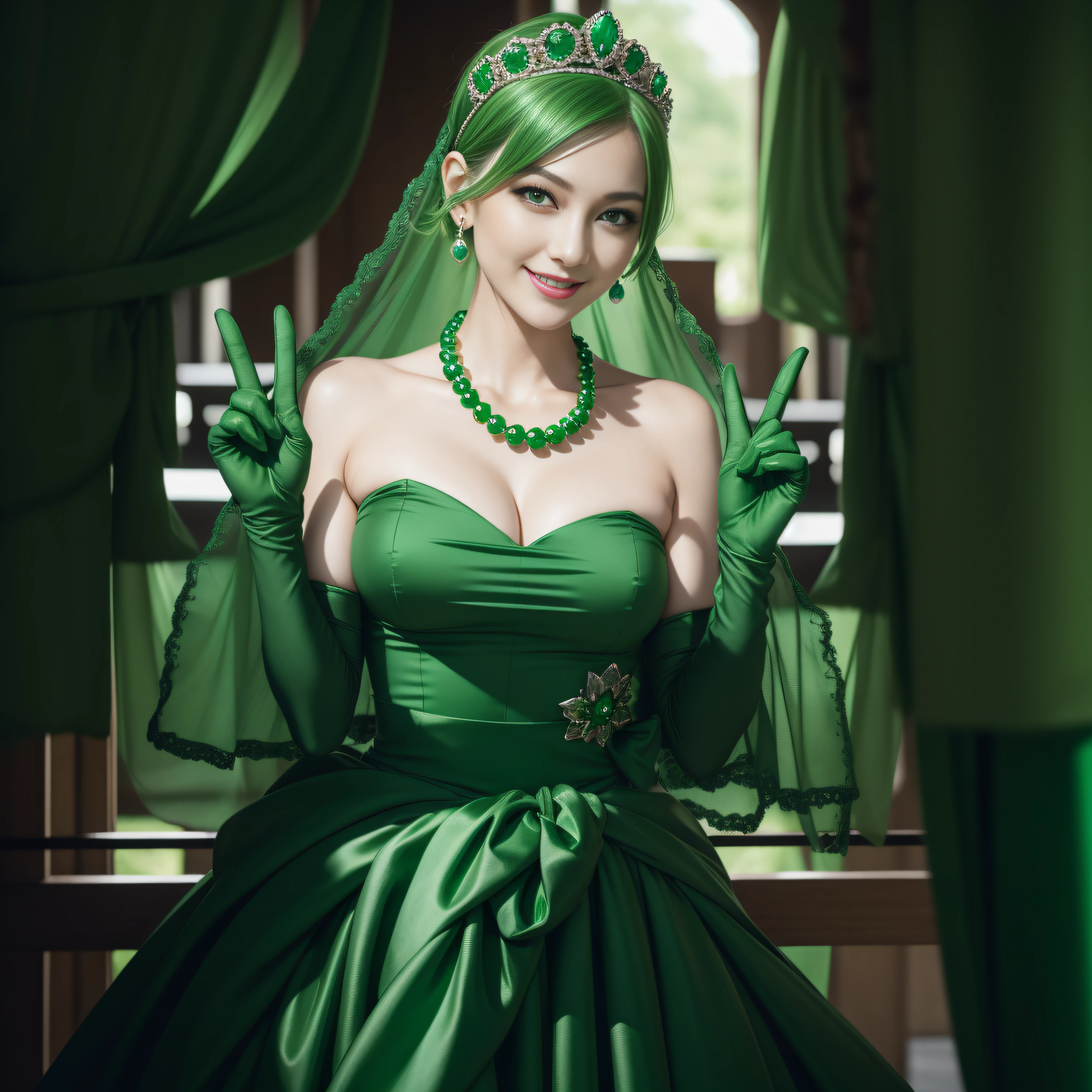 emerald tiara, Green Pearl Necklace, Boyish very short green hair, lipsticks, Japan woman smiling, very short short hair, big breasts beautiful, Green eyes, Long green gloves made of satin material, Green eyes, v sign,V-sign with both hands, Emerald Earrings
