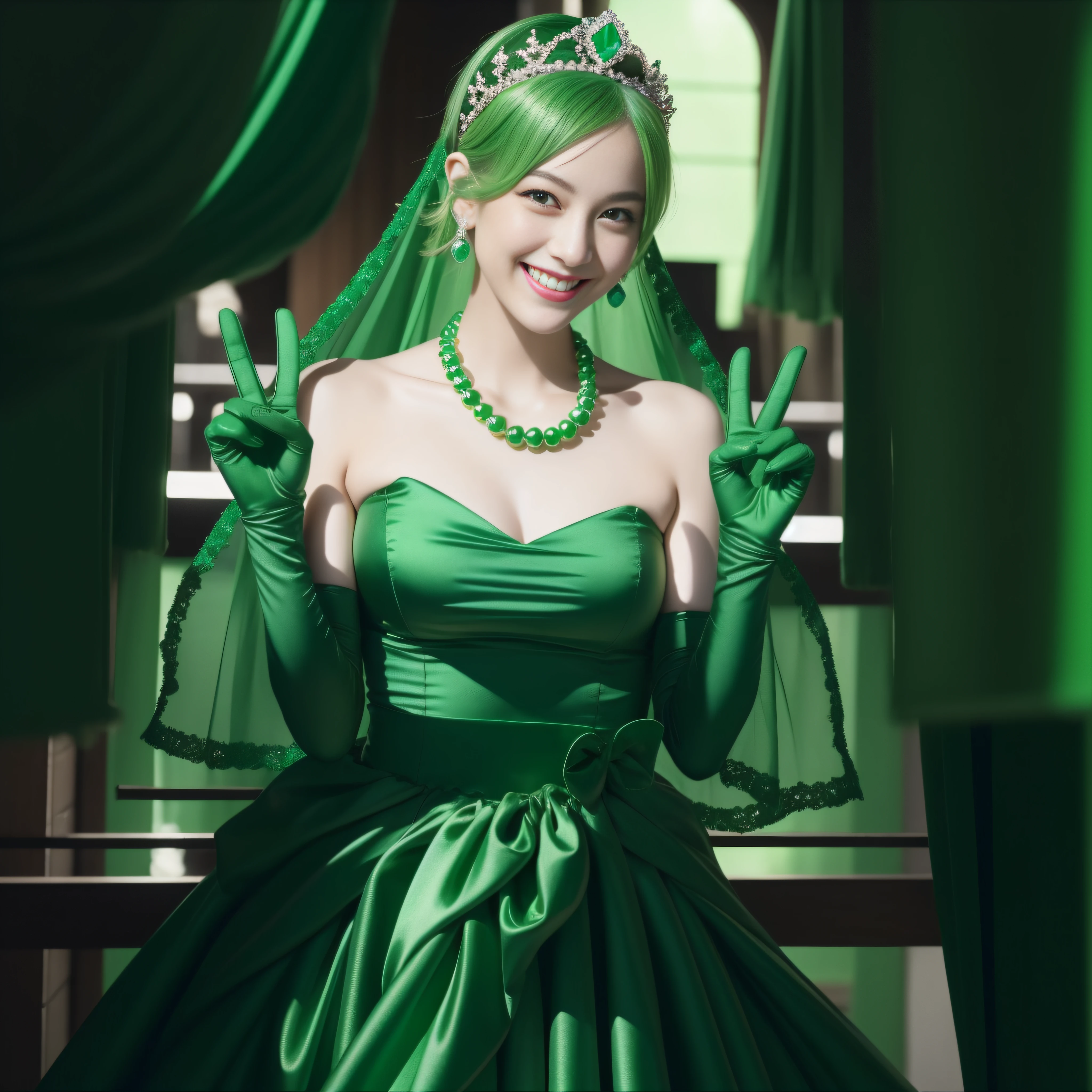emerald tiara, Green Pearl Necklace, Boyish very short green hair, lipsticks, Japan woman smiling, very short short hair, big breasts beautiful, Green eyes, Long green gloves made of satin material, Green eyes, v sign,V-sign with both hands, Emerald Earrings