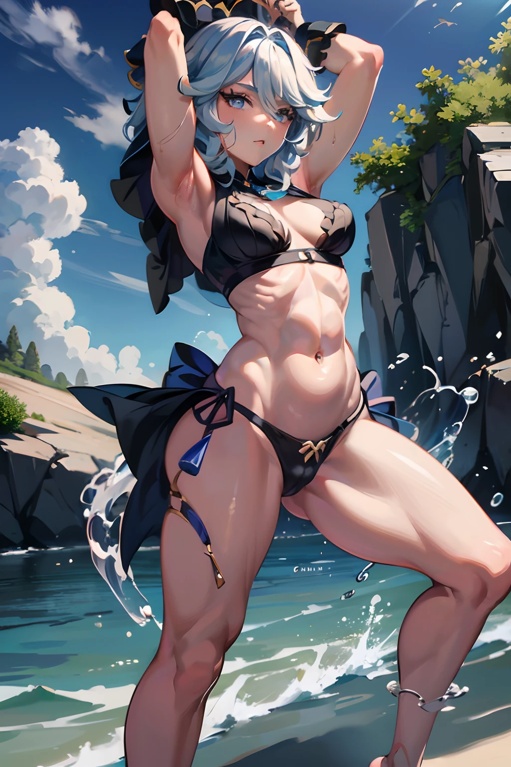 (Furina from Genshin Impact), 1 girl, standing, on the beach, arms up, muscular legs, muscular belly, standing, full body photo, Looking at the Viewer, high quality, ultra realistic, 8k, perspiration, wet