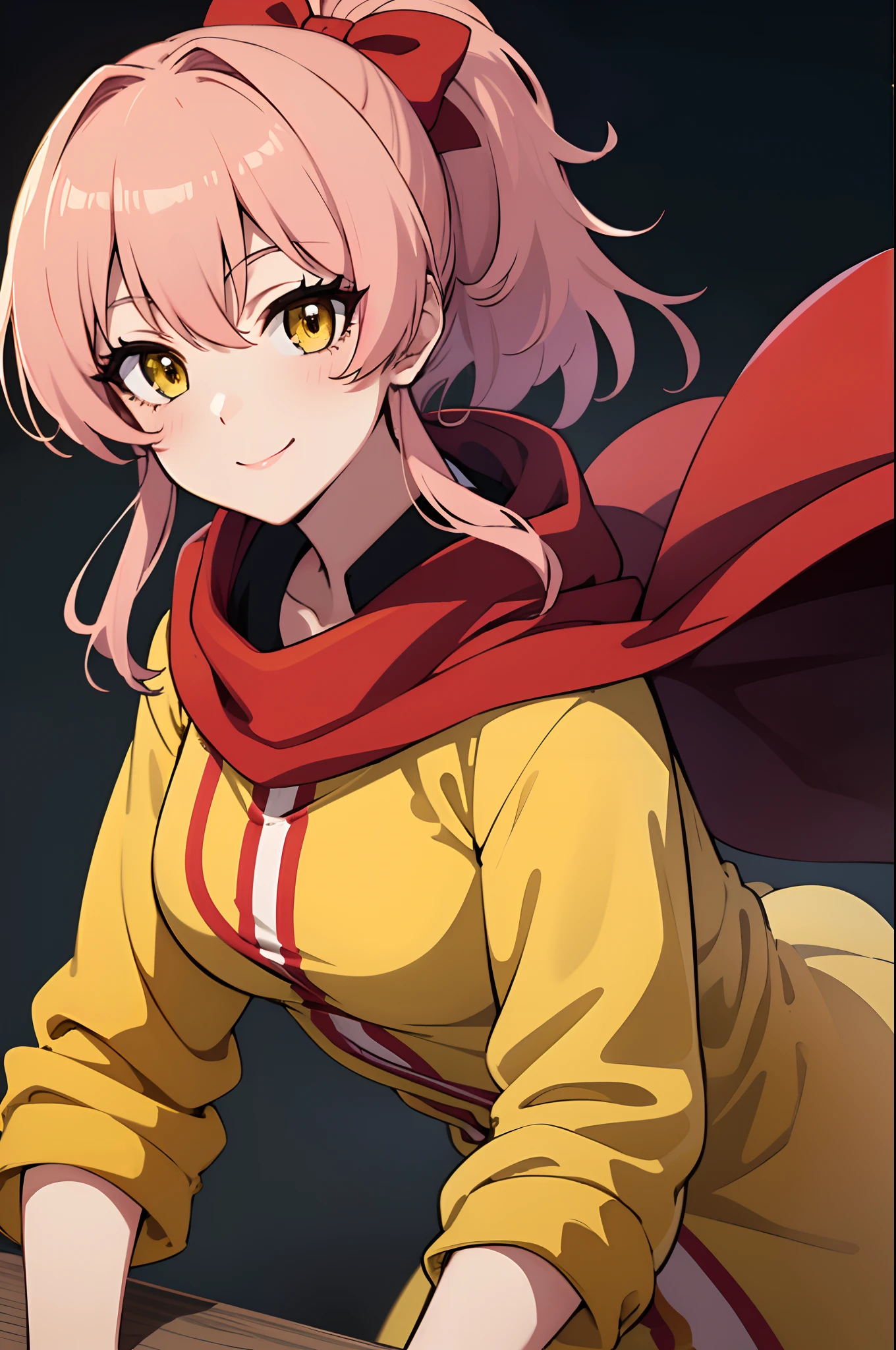 (masterpiece, best quality:1.2),1girl,mature female,pale skin,medium breasts:1.49,mikajougasaki, mika jougasaki, hair bow, long hair, pink hair, (yellow eyes:1.5), ponytail,(red dress with a red cape:1.2), eye details,teasing smile, clean detailed anime art,high resolution, (perfect hands, perfect anatomy),