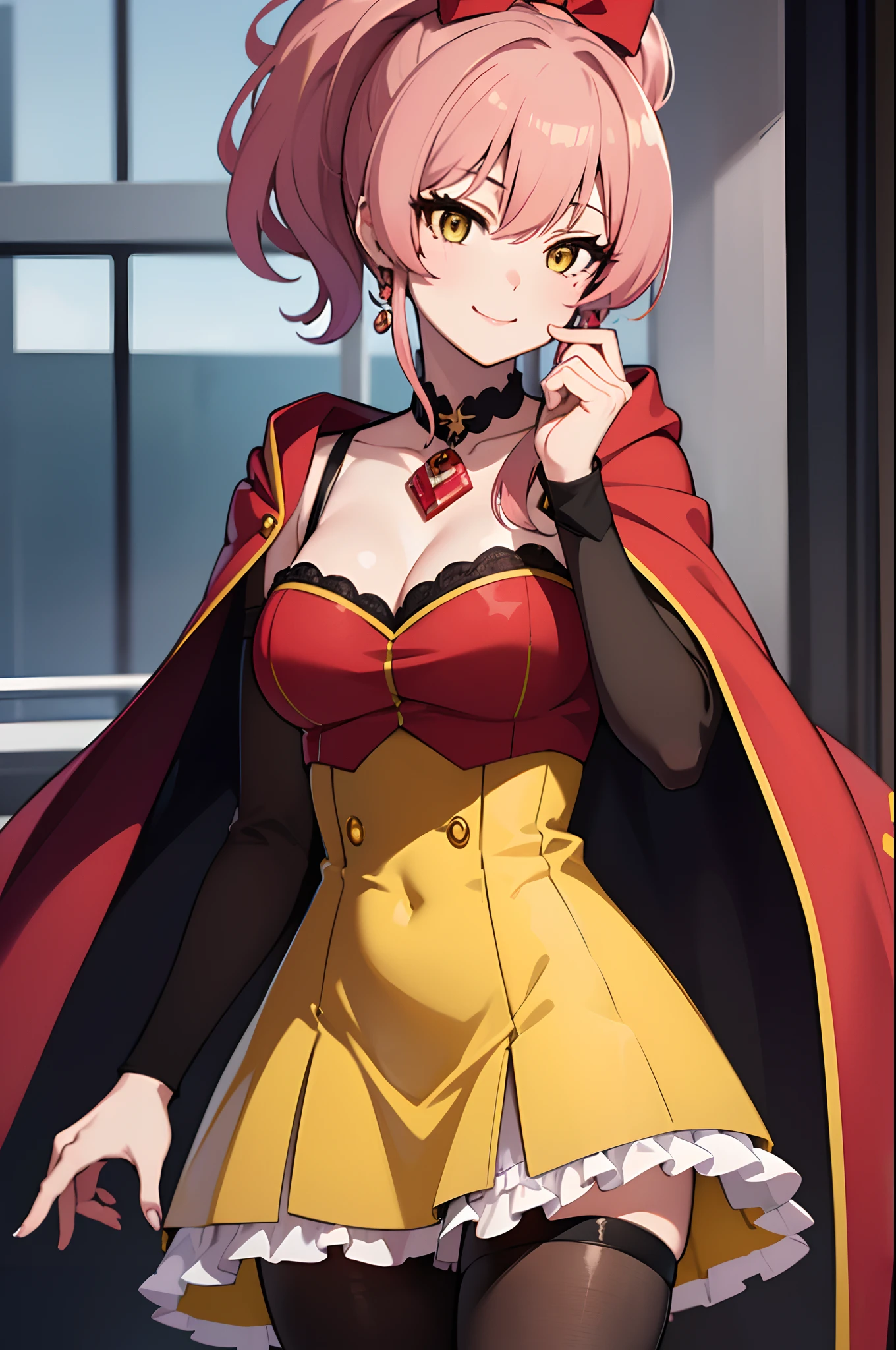 (masterpiece, best quality:1.2),1girl,mature female,pale skin,medium breasts:1.49,mikajougasaki, mika jougasaki, hair bow, long hair, pink hair, (yellow eyes:1.5), ponytail,(red dress with a red cape:1.2), eye details,teasing smile, clean detailed anime art,high resolution, (perfect hands, perfect anatomy),