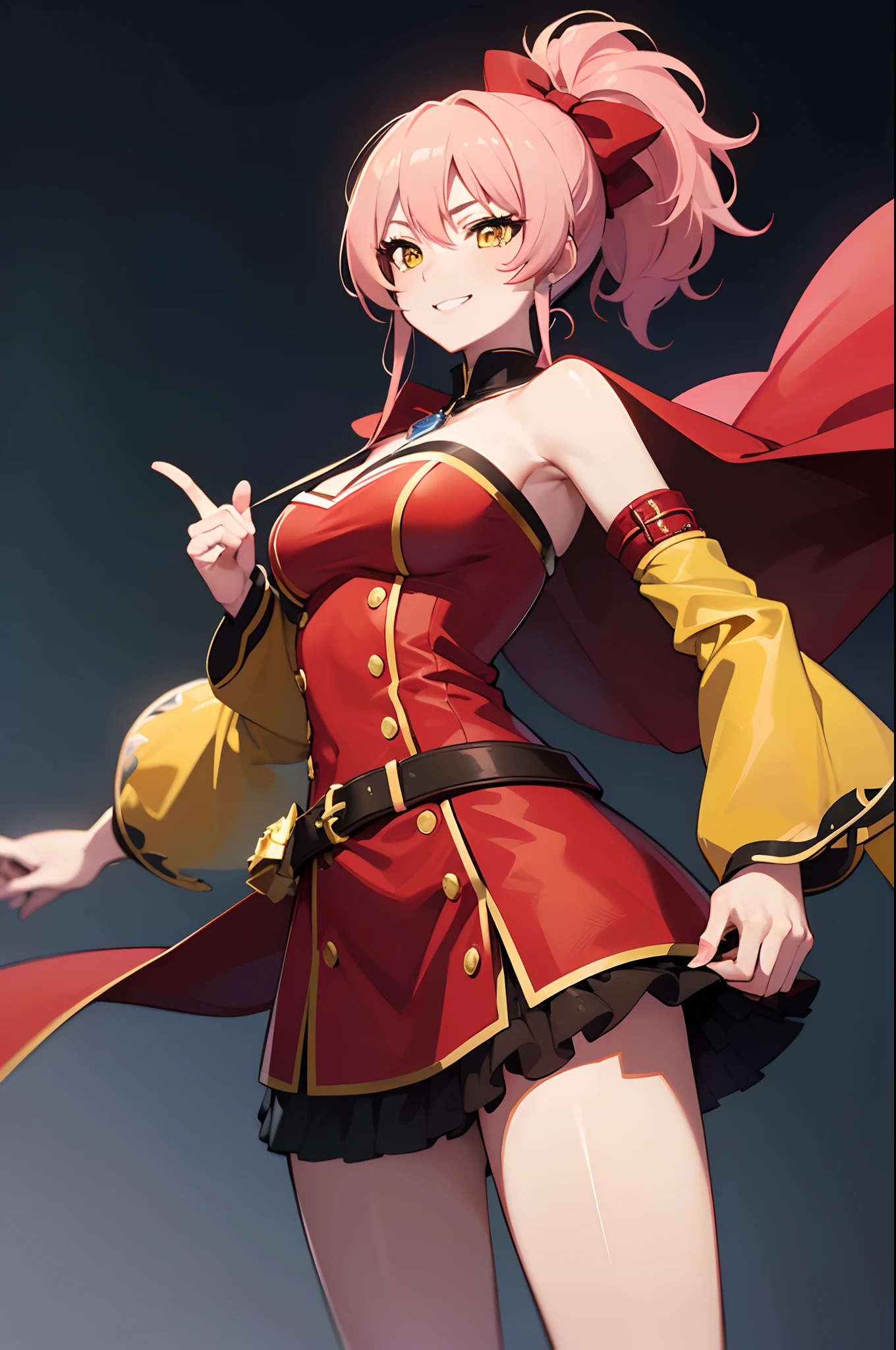 (masterpiece, best quality:1.2),1girl,mature female,pale skin,medium breasts:1.49,mikajougasaki, mika jougasaki, hair bow, long hair, pink hair, (yellow eyes:1.5), ponytail,(red dress with a red cape:1.2), eye details,teasing smile, clean detailed anime art,high resolution, (perfect hands, perfect anatomy),