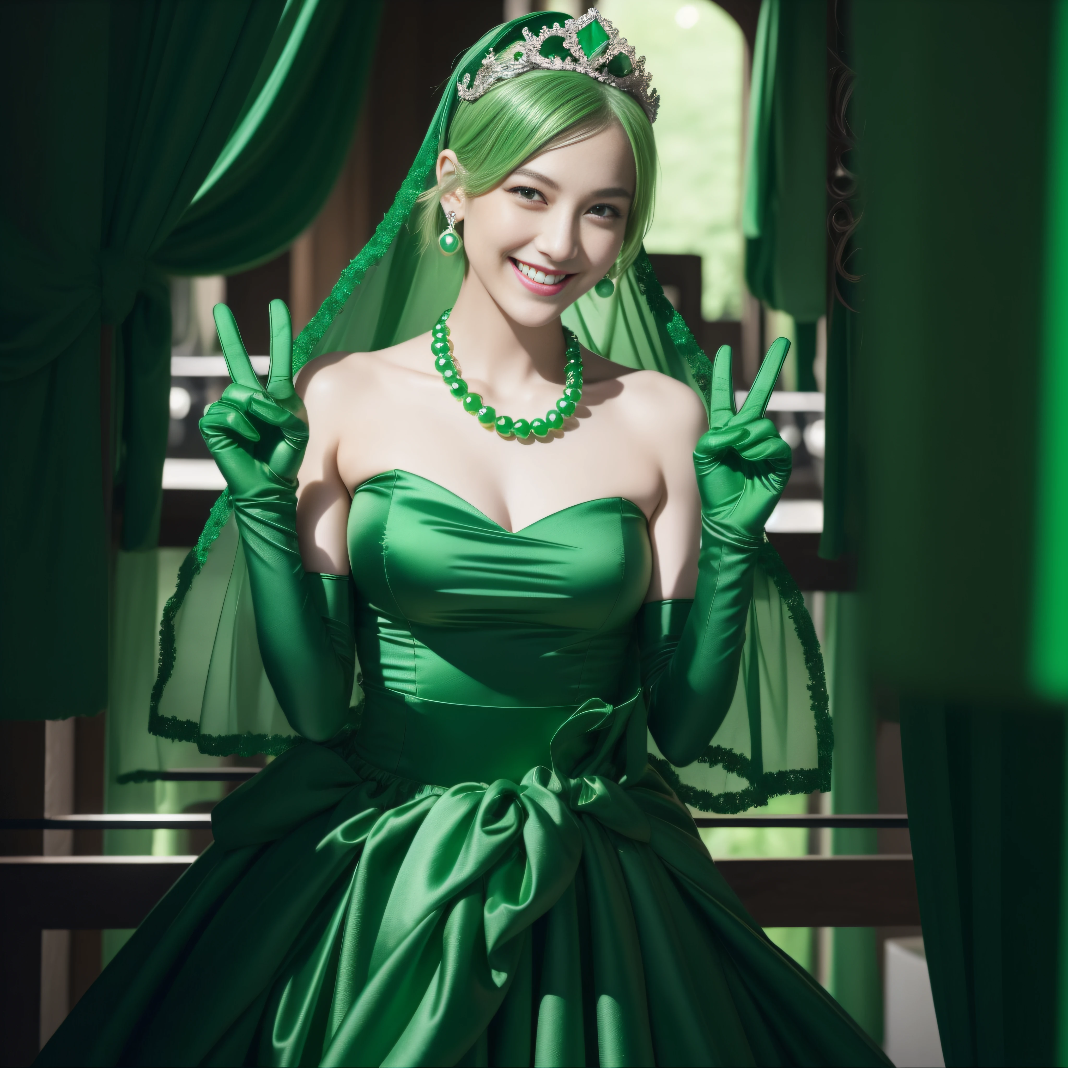 emerald tiara, Green Pearl Necklace, Boyish very short green hair, lipsticks, Japan woman smiling, very short short hair, big breasts beautiful, Green eyes, Long green gloves made of satin material, Green eyes, v sign,V-sign with both hands, Emerald Earrings