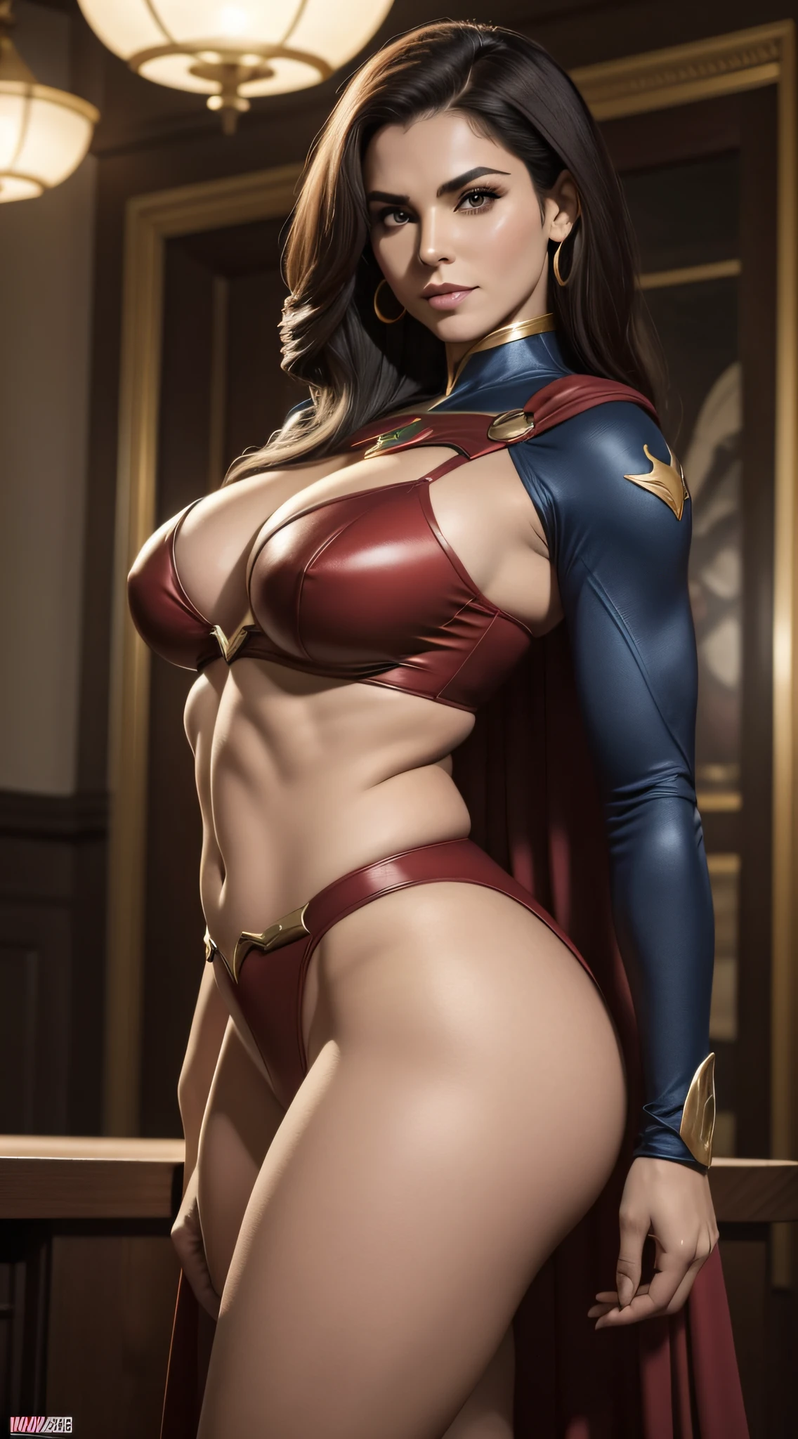 Mulher: Mulher-Maravilha: personagem da DC, coxas grandes, bunda grande, pose de frente, mostrando as coxas, mostrando as pernas, horny face, cabelos cacheados, heroism, alegre