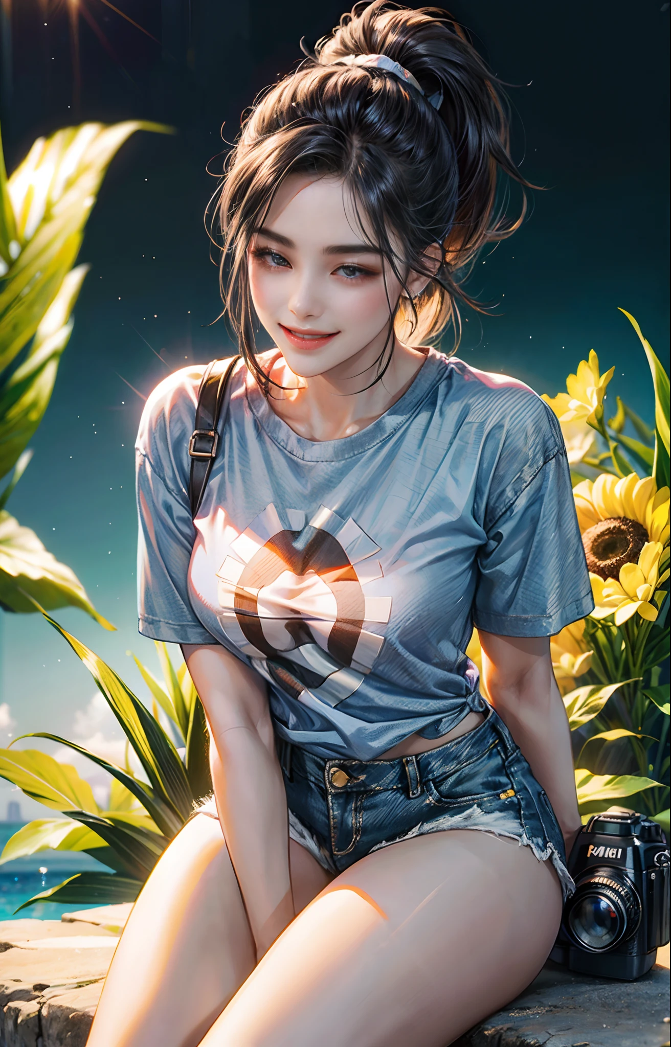 Best quality, 4k quality, 1woman, blurred background, super high detail, full bust, high ponytail, black hair, long hair fluttering in the wind, DSLR camera, smile healing, very beautiful, dark skin, perfect figure, close-up, deep view, background blur, t-shirt, denim shorts