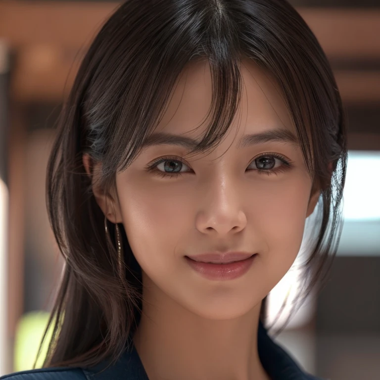 Portrait of a female hyperrealist、Fantasyart、Photorealsitic、动态照明、art stations、Volumetric lighting、extra detailed face、4 k、Award-winning、1girl、dark、deep-shadows、lowkey、cowboy shot、(Formula service:1.4)、shorth hair、Gray ash hair color、Women in Japan、age 30s、Glossy、A slight smil、natural smile