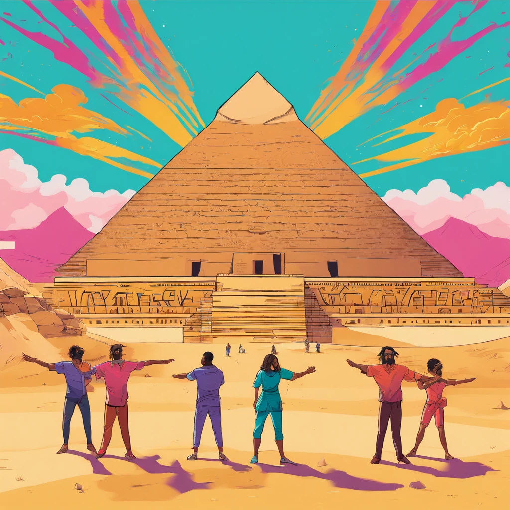 ((ambiance hypnotique)), Deux momies égyptiennes à l’intérieur d’une pyramide, Deux hommes qui ont l’air de danser, (effet psychédélique), représentation des dieux egyptiens,