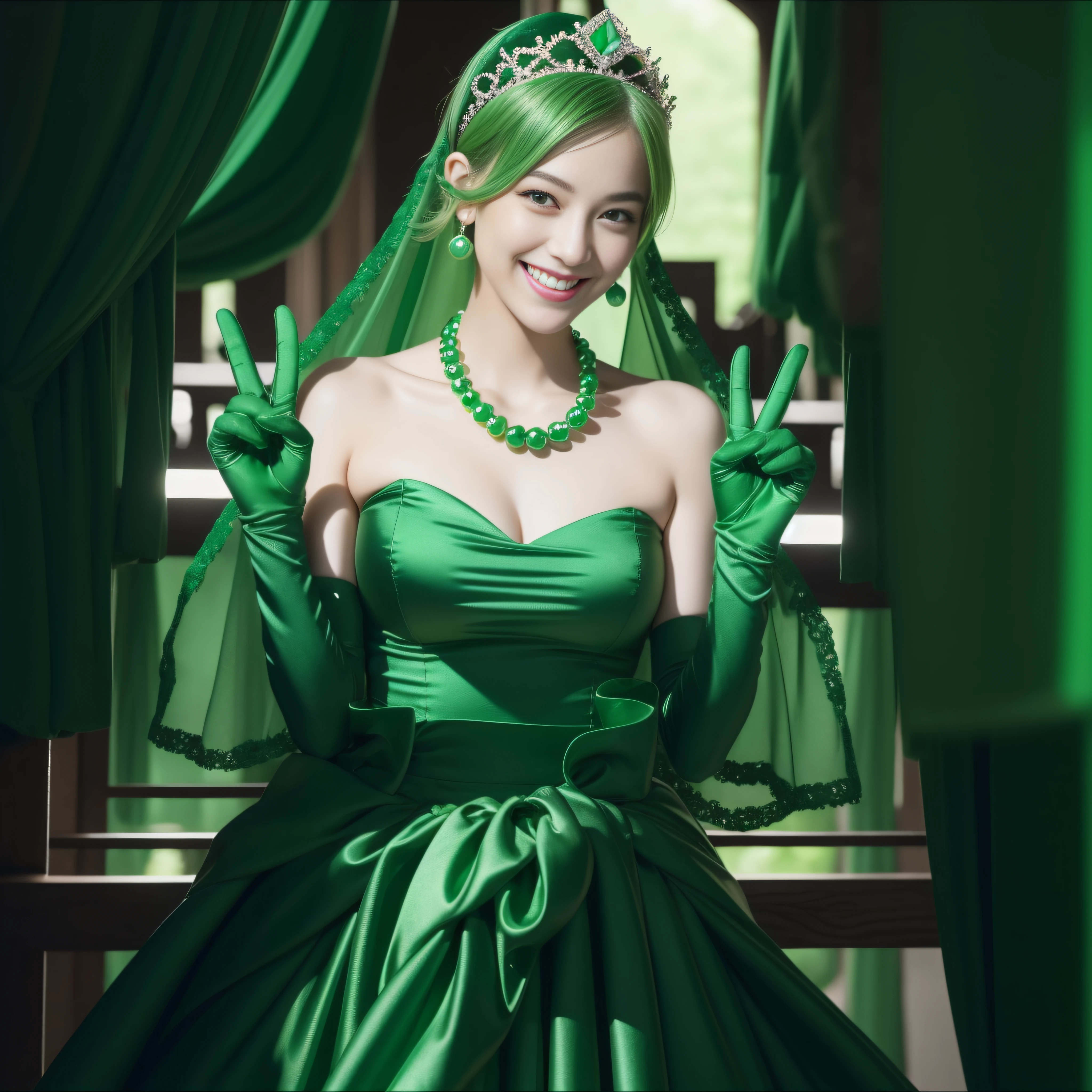 emerald tiara, Green Pearl Necklace, Boyish very short green hair, lipsticks, Japan woman smiling, very short short hair, big breasts beautiful, Green eyes, Long green gloves made of satin material, Green eyes, v sign,V-sign with both hands, Emerald Earrings
