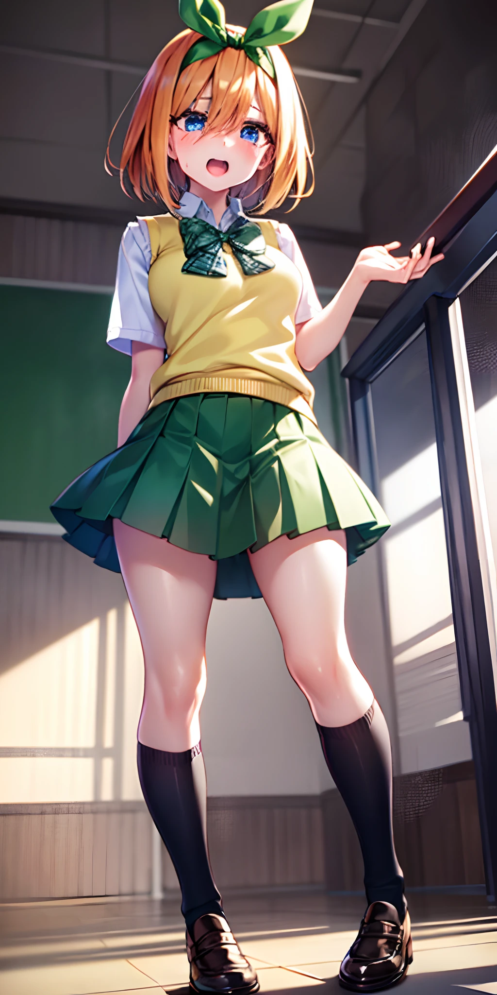 yotsubanakano, yotsuba nakano, bangs, short hair, blue eyes, hair between eyes, hair ribbon, hairband, orange hair, green ribbon,
BREAK skirt, shirt, bow, ribbon, school uniform, white shirt, short sleeves, pleated skirt, shoes, socks, collared shirt, miniskirt, bowtie, black footwear, kneehighs, green skirt, black socks, loafers, green bow, sweater vest, green ribbon, (yellow sweater vest:1.5),
BREAK looking at viewer,
BREAK indoors, classroom,
BREAK ultra-detailed, best quality, high resolution, unity 8k wallpaper, extremely detailed CG, (beautiful detailed eyes:1.6), extremely detailed face, perfect lighting, extremely detailed CG, (perfect hands, perfect anatomy),
fucked silly, sexual ecstasy, ahegao, blush, sweat, open mouth, rolling eyes, tears, tongue out, wide-eyed, head tilt, from below, skirt lift by myself, showing panties, standing, turn knees out, bend knees, bend down, (vulgarity:1.2),