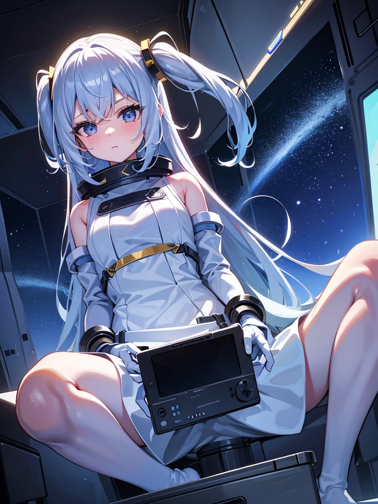 One girl、Inside the spacecraft、A girl and a beautiful sight are spreading。The walls and ceiling are covered with panels of futuristic design.、It has a fantastic glow。The interior of the ship is spacious々and々And々And々And々And々And々And々And、A variety of scientific instruments and consoles are located。The interior space of the spacecraft is、、、、、、、、It features a silvery metallic texture and a curvaceous design、focus on girl